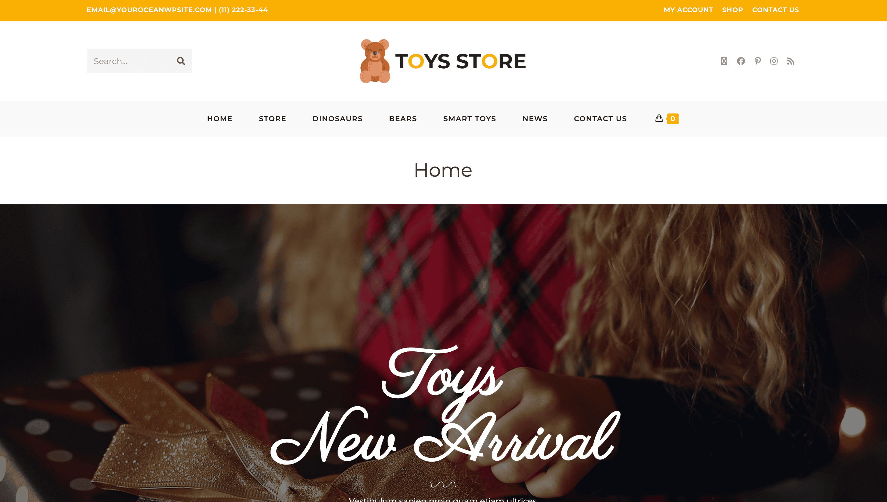 Toys Store webpage showing a banner with 'Toys New Arrival' text, featuring a person holding a wrapped gift. Menu includes Home, Store, Dinosaurs, Bears, Smart Toys, News, and Contact Us.