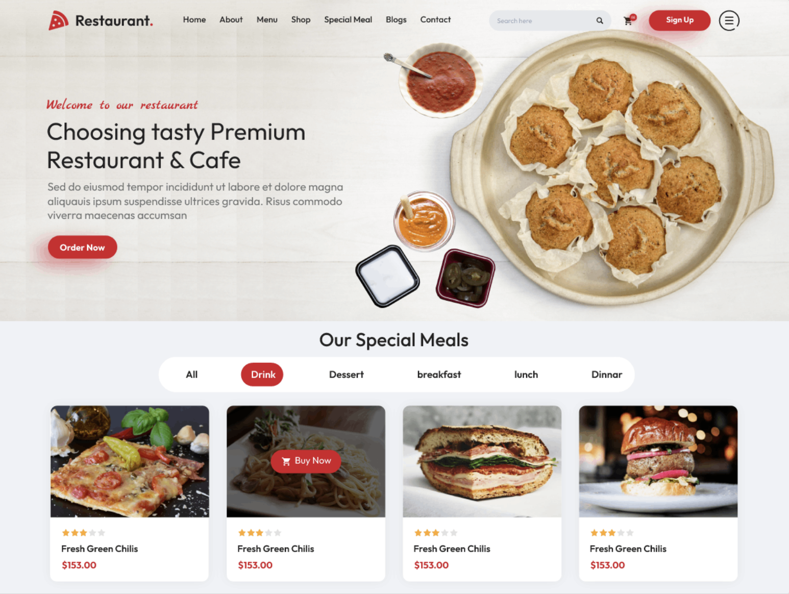 Screenshot of a restaurant website homepage featuring a top menu, food images, an "Order Now" button, and a section listing special meals with prices and ratings.