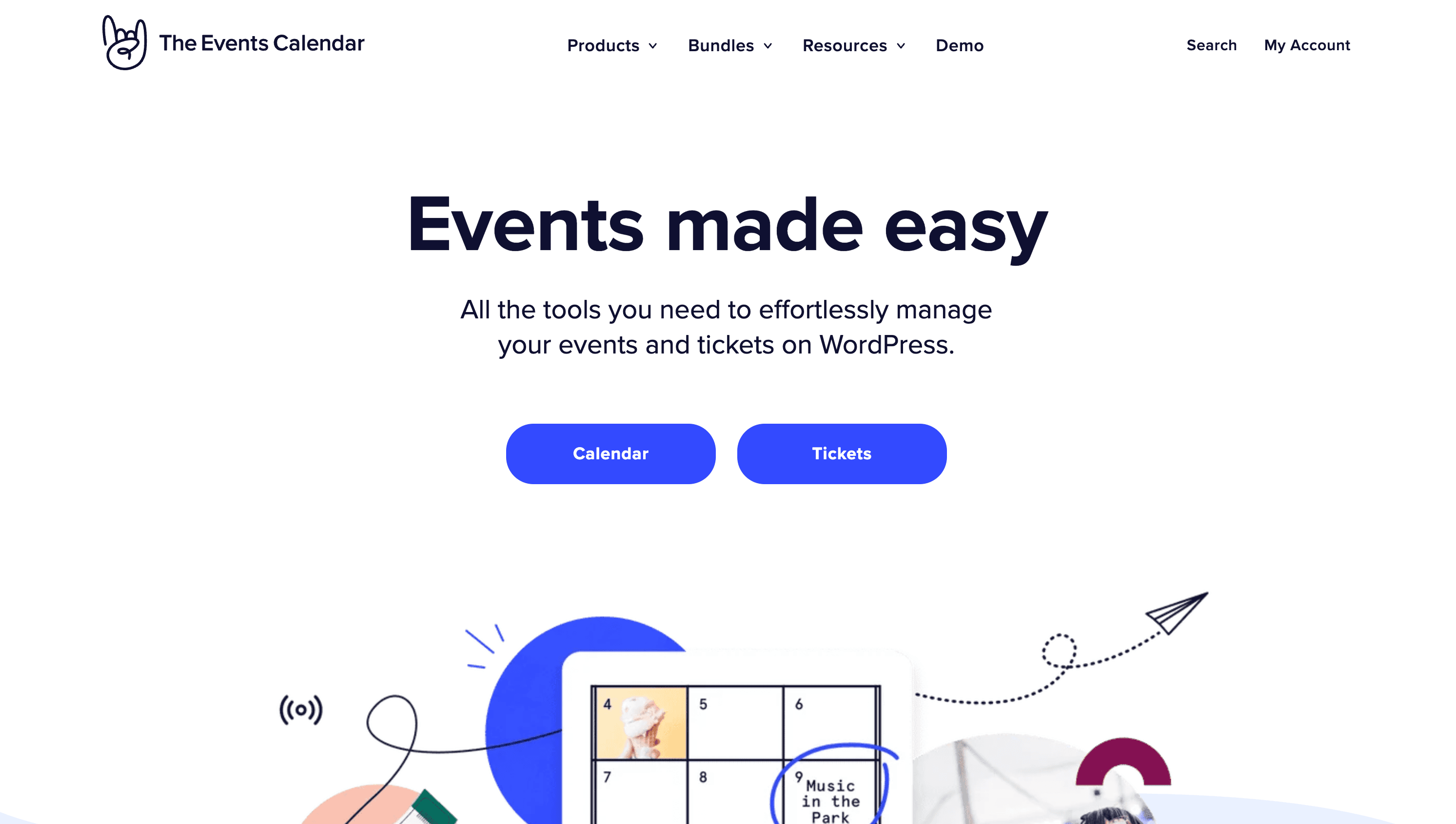 Screenshot of The Events Calendar website homepage with headline "Events made easy" and buttons labeled "Calendar" and "Tickets" for managing events on WordPress.