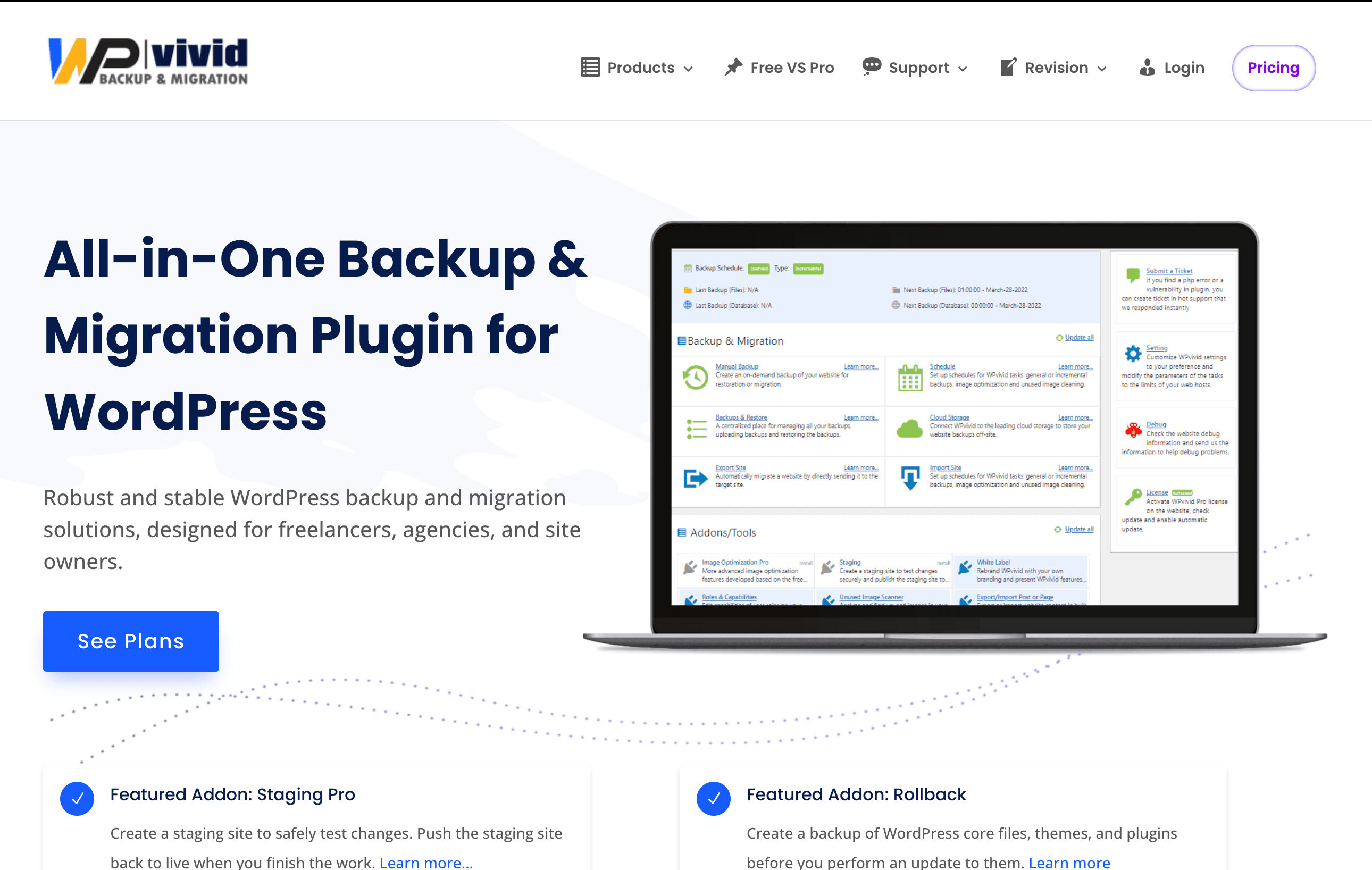 Screenshot of the WPvivid Backup & Migration plugin website homepage, featuring a laptop displaying the plugin dashboard and a headline promoting its WordPress backup and migration features.