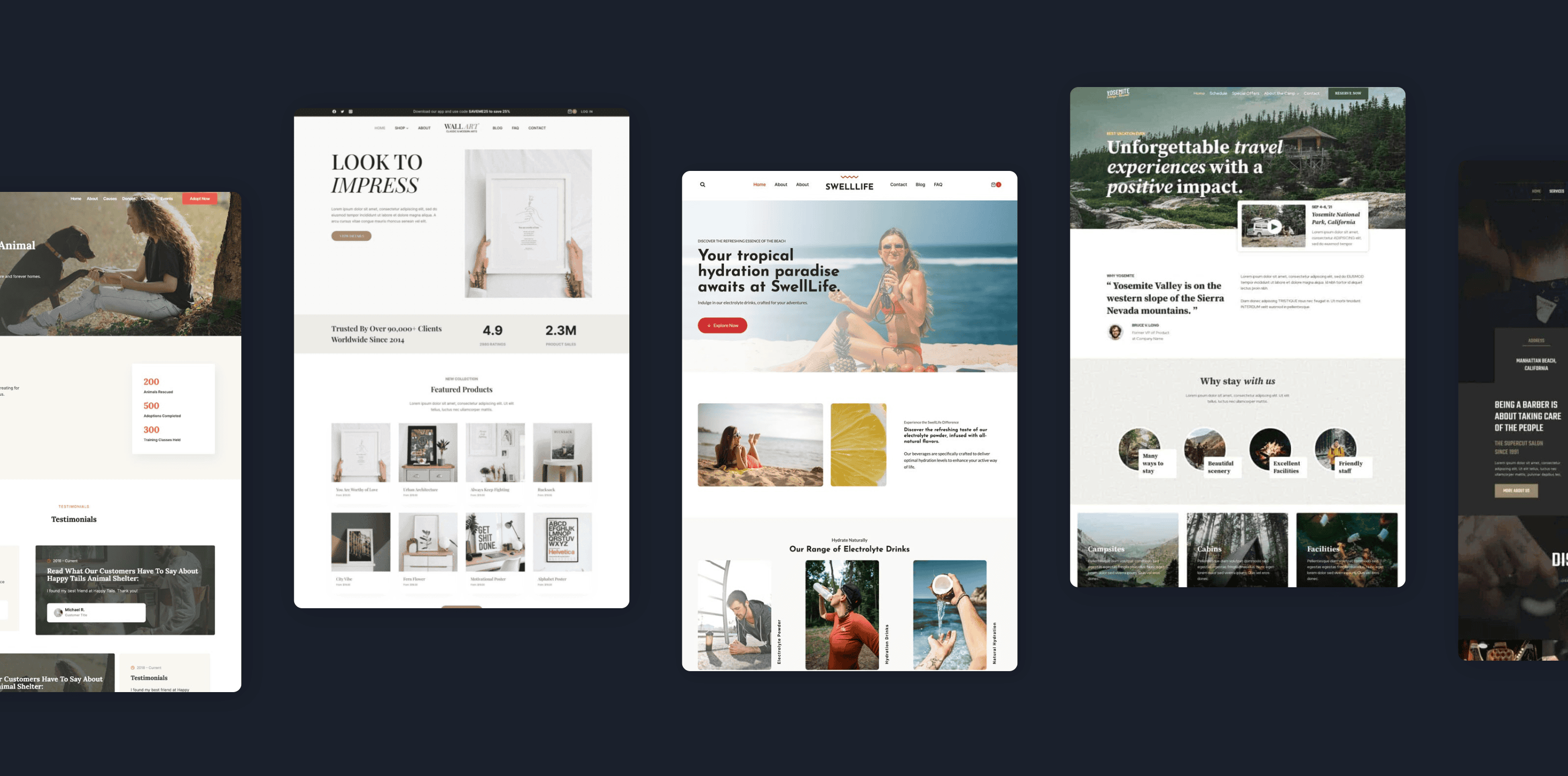 Five vertically aligned website mockups with various designs, including fashion, travel, and lifestyle themes, displayed on a dark background.