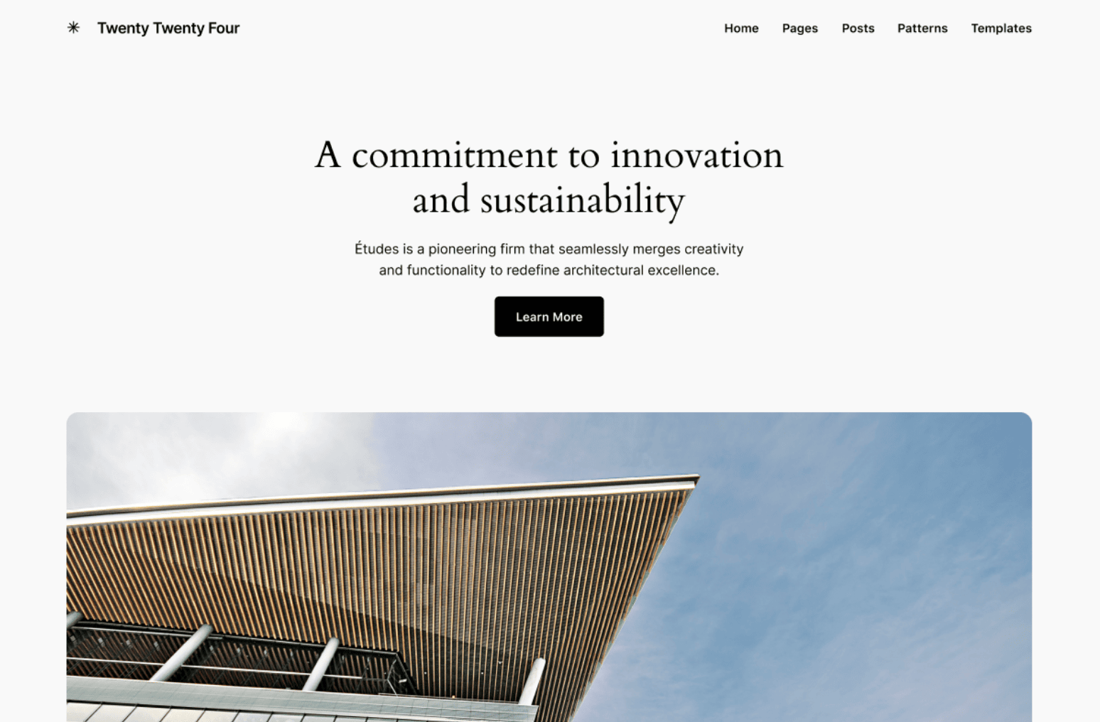 Website homepage features a tagline on innovation and sustainability, with a 'Learn More' button. An architectural building with a modern roof design is depicted below the text.