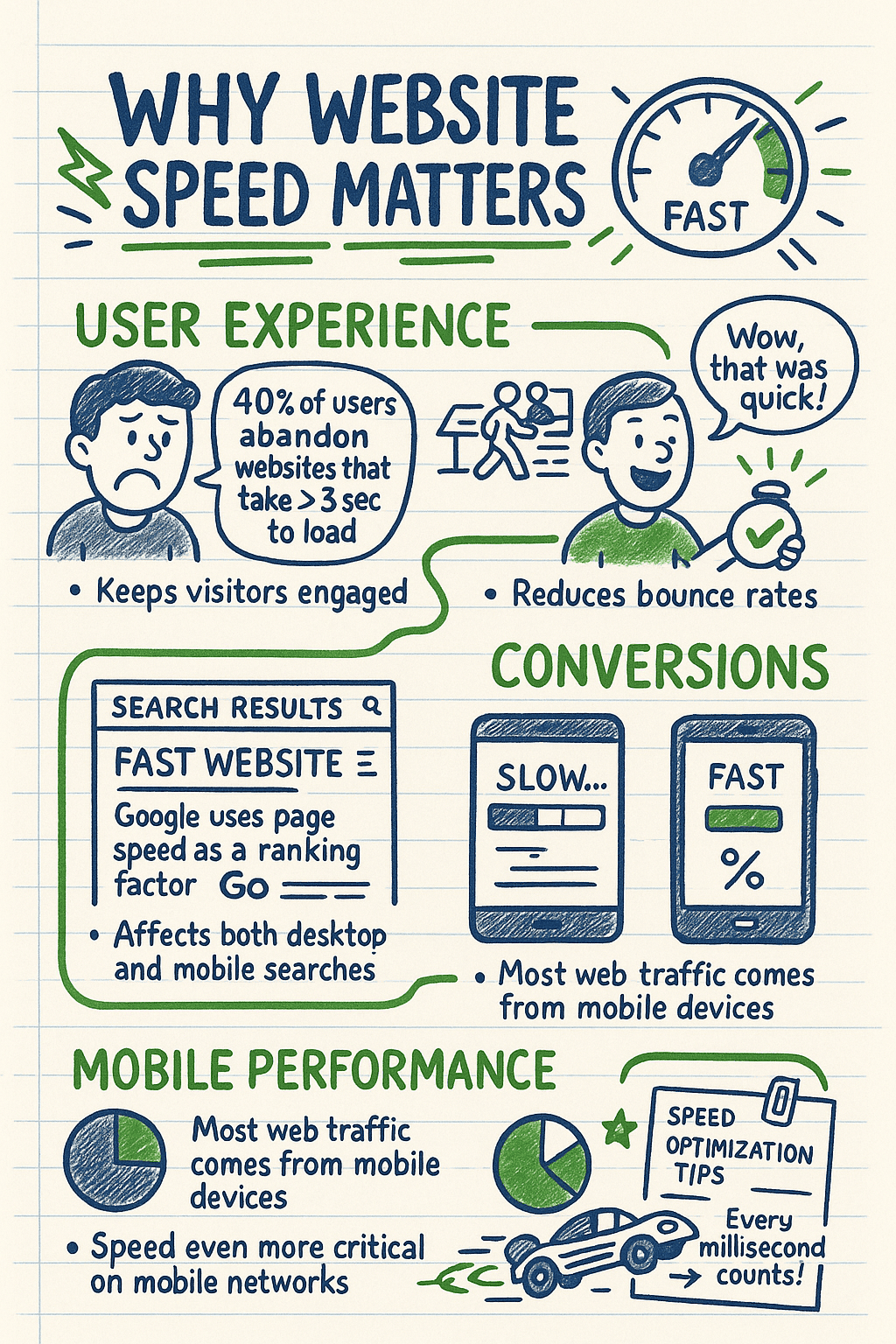 Infographic explaining the importance of website speed, highlighting user experience, conversions, search results, and mobile performance using illustrations and brief text.