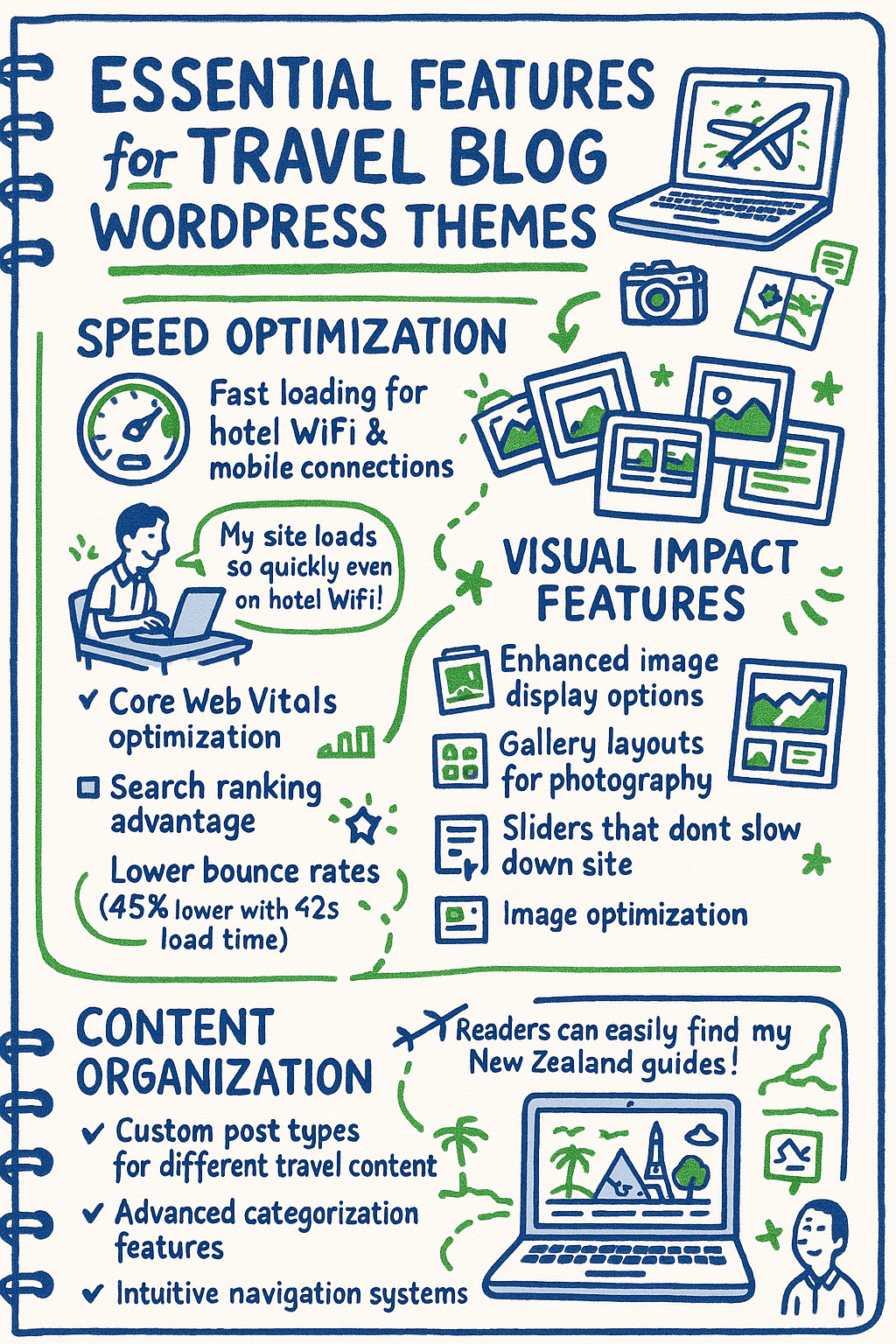 Infographic listing essential features for travel blog WordPress themes: speed optimization, visual impact features, and organized content, with relevant icons and brief descriptions.