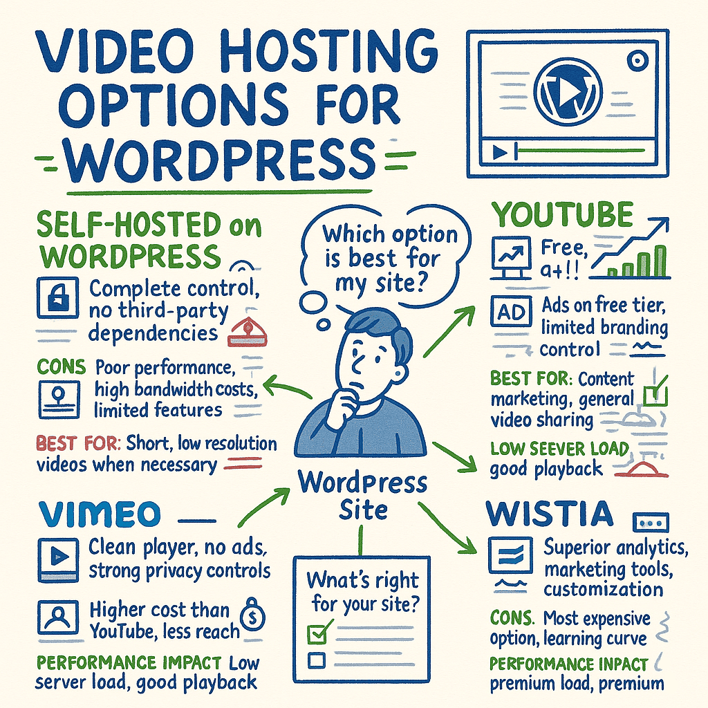 Illustrated comparison of WordPress video hosting options: Self-hosted, YouTube, Vimeo, and Wistia, highlighting pros, cons, cost, and impact on site performance.