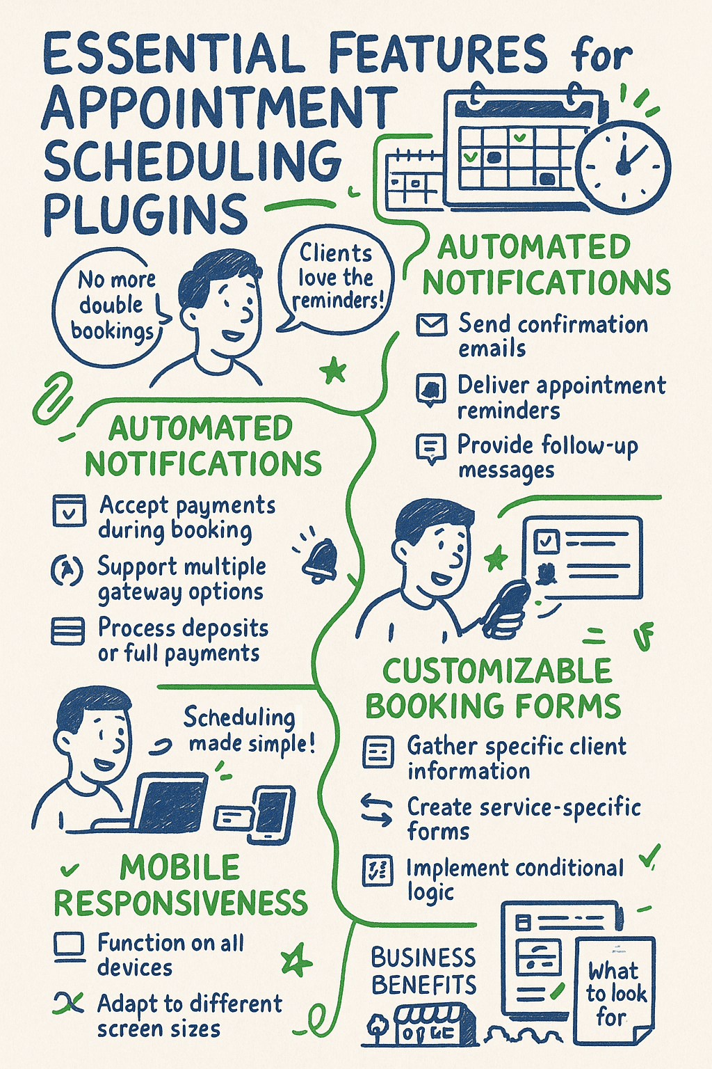 Infographic listing essential features for appointment scheduling plugins: automated notifications, customizable booking forms, mobile responsiveness, and business benefits.