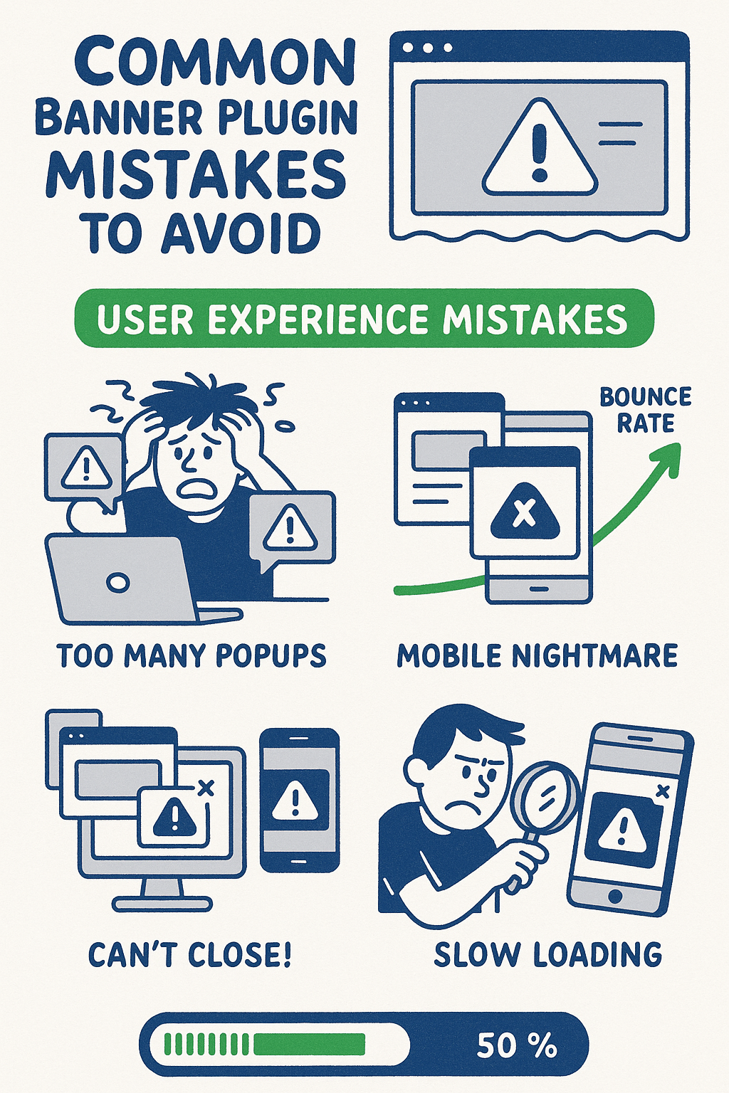 Infographic listing common banner plugin mistakes: too many popups, mobile issues, high bounce rate, can’t close banners, and slow loading. Includes simple illustrations for each mistake.