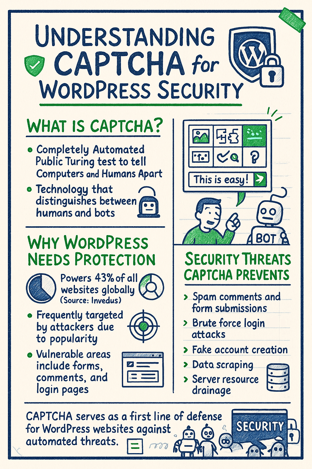 Infographic explaining CAPTCHA for WordPress security, including its definition, reasons for protection, and threats it helps prevent, such as spam and brute force attacks.