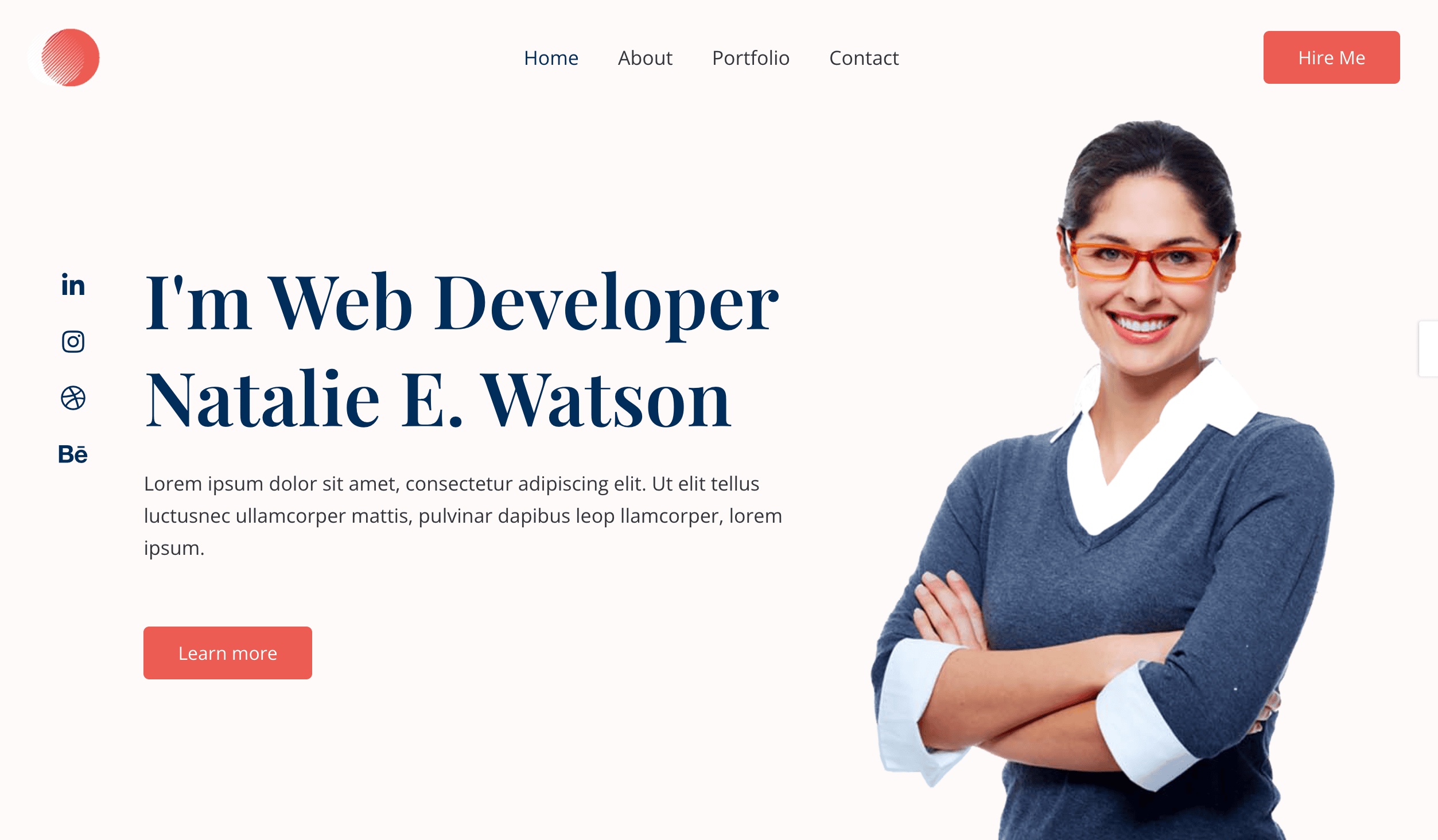 Smiling woman in glasses and business attire with arms crossed stands on a web developer's homepage. Text includes "I'm Web Developer Natalie E. Watson," highlighting her personal branding, with sections for Home, About, and Portfolio showcasing her WordPress themes expertise for 2025.