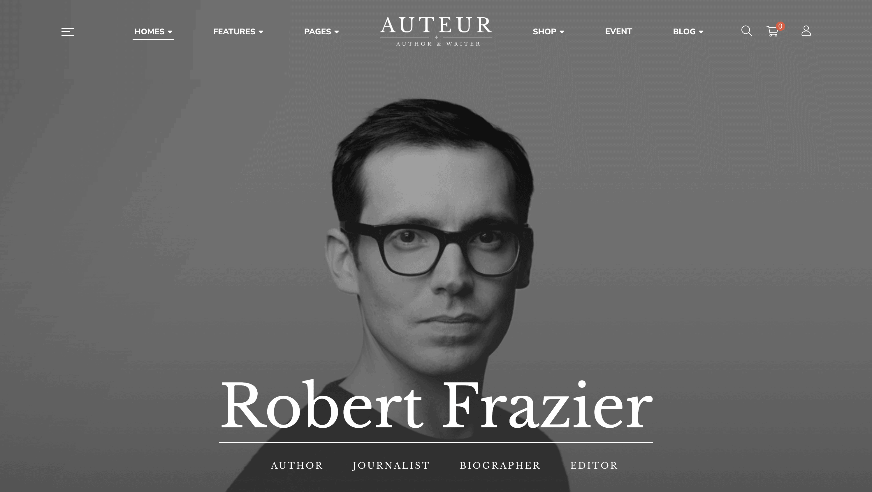 A grayscale portrait of a man wearing glasses. The name "Robert Frazier" and titles author, journalist, biographer, editor are displayed below. The website menu is visible at the top.