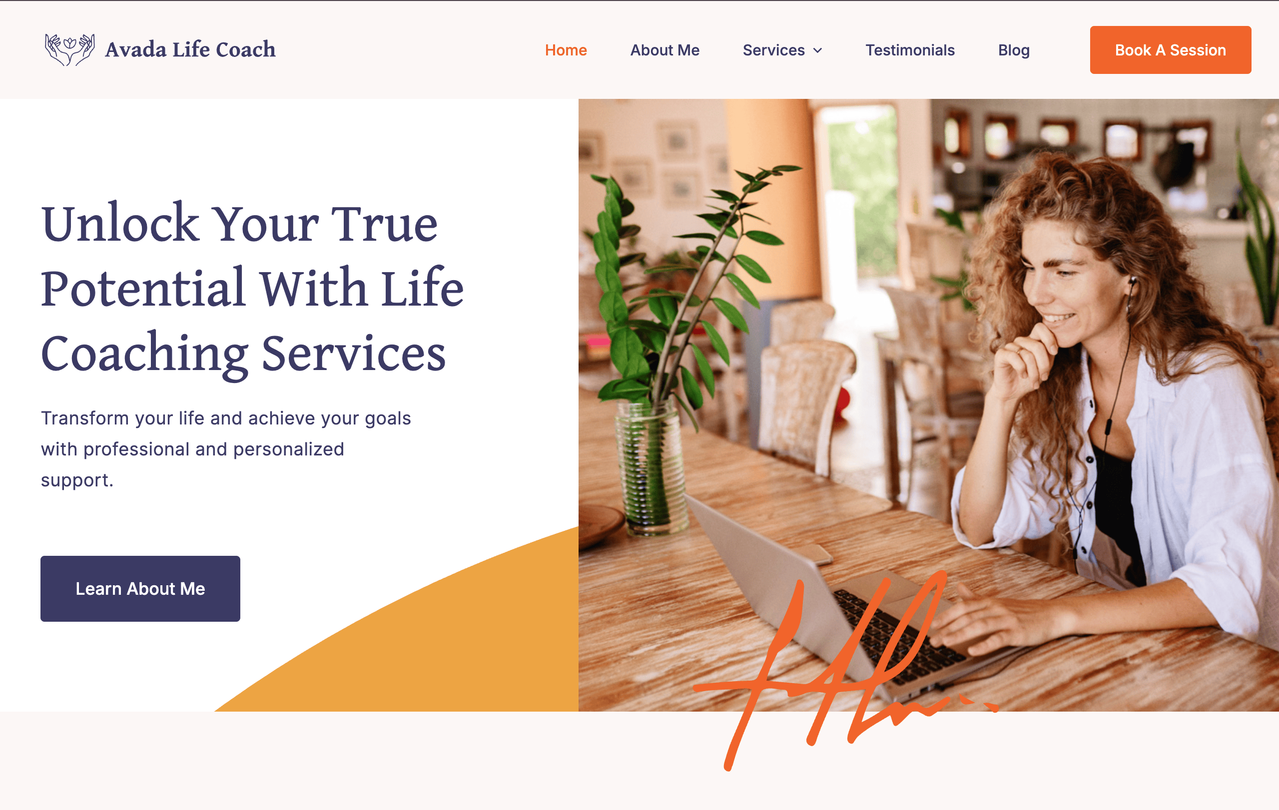 A woman with curly hair smiles at a laptop in a cozy room, embodying her unique personal branding. Text reads: "Unlock Your True Potential With Life Coaching Services." Click "Learn About Me" or "Book A Session" to discover more.