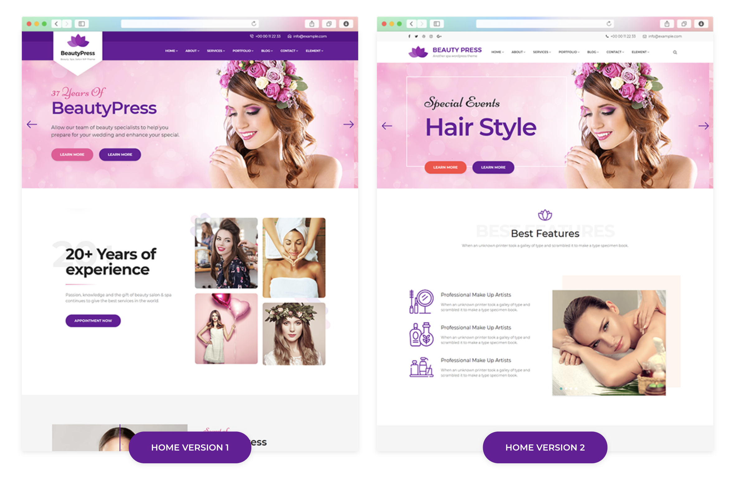Two web page mockups for a beauty salon website, featuring pink and white themes, images of women, and text about beauty services and salon features.