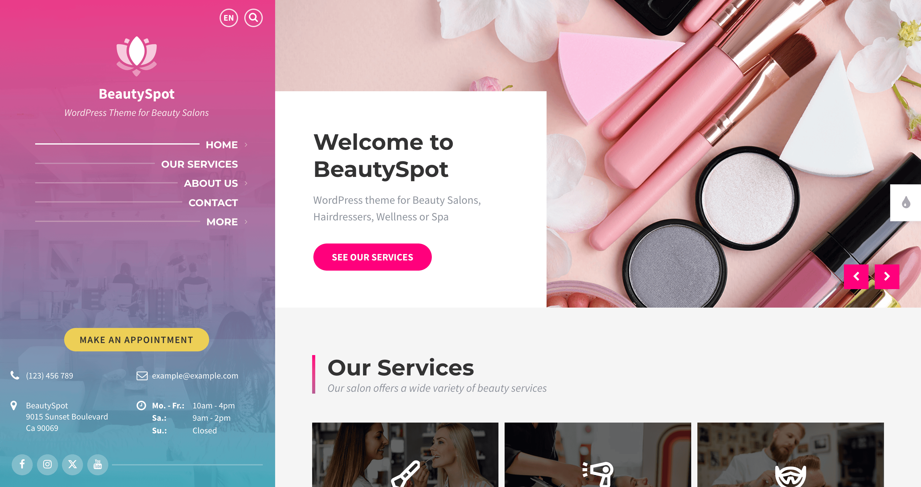 A beauty salon website homepage with a side menu, contact details, and a main section displaying beauty products, a welcome message, and a list of salon services.