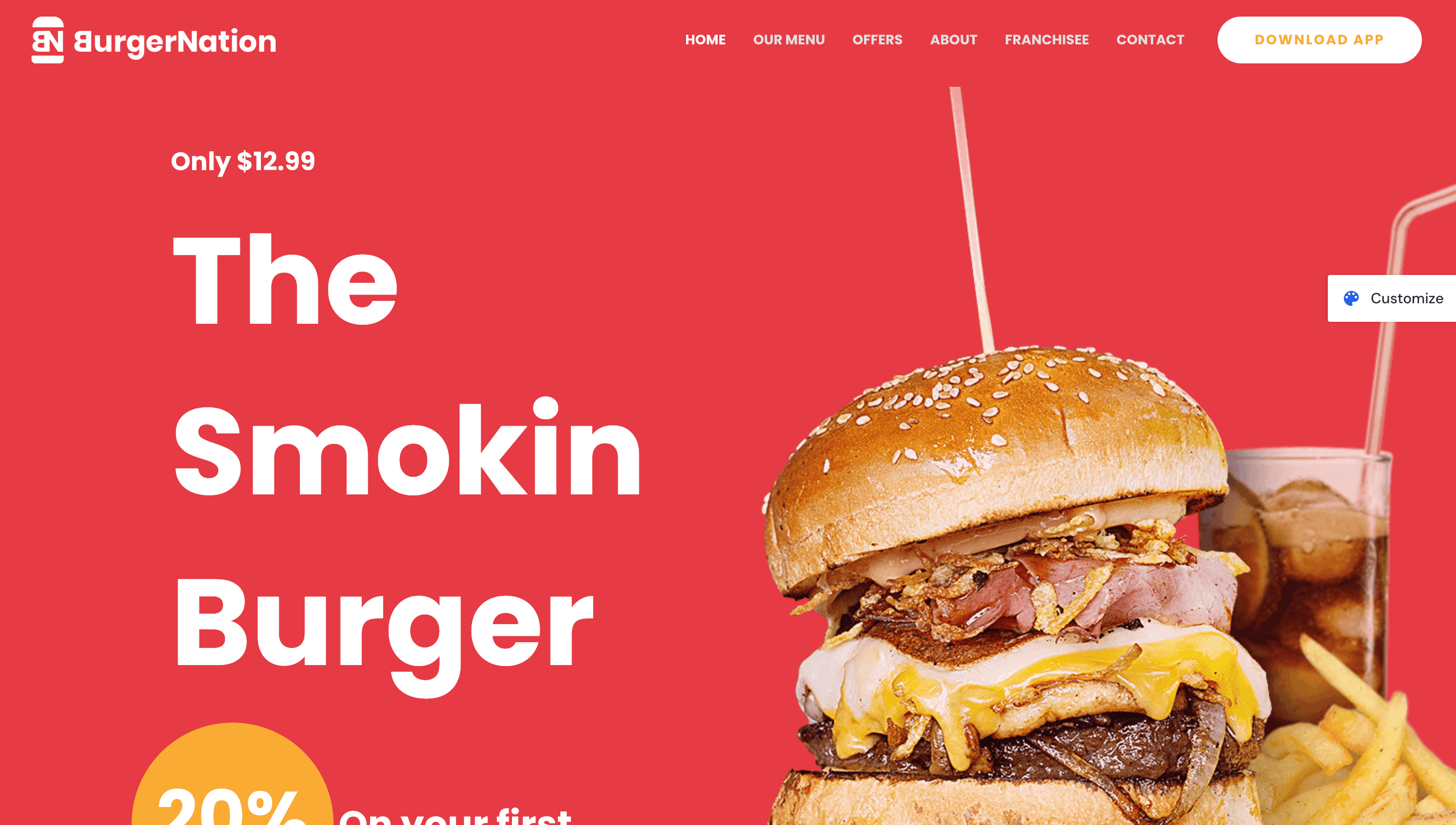 A cheeseburger with bacon, onions, and a skewer shown on a red background near text advertising it as "The Smokin Burger" for $12.99. A soft drink is partially visible in the background.