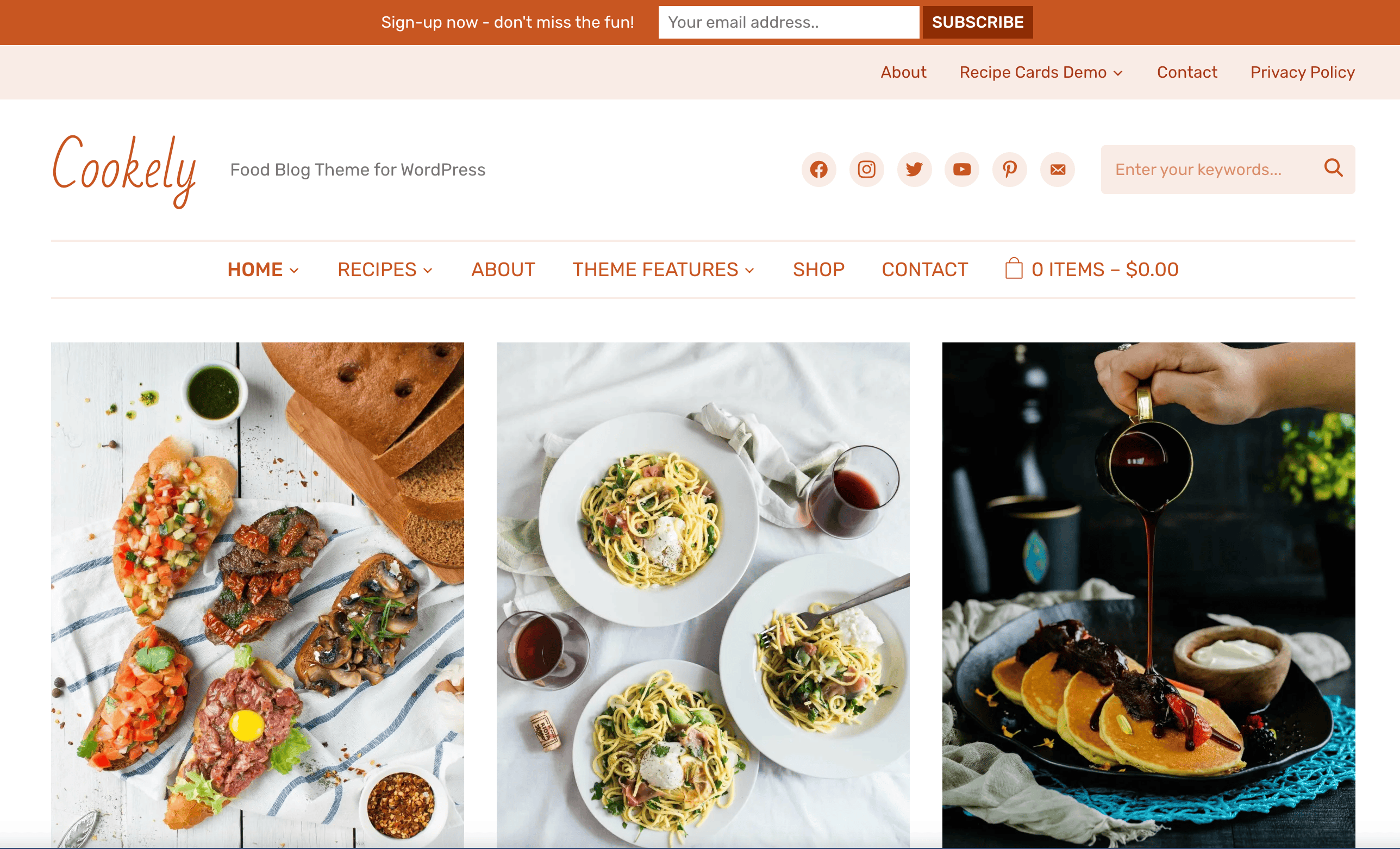 Webpage of "Cookely" food blog theme for WordPress, featuring dishes like antipasto platter, pasta with wine, and pancakes with chocolate syrup. Includes navigation menu and newsletter signup.