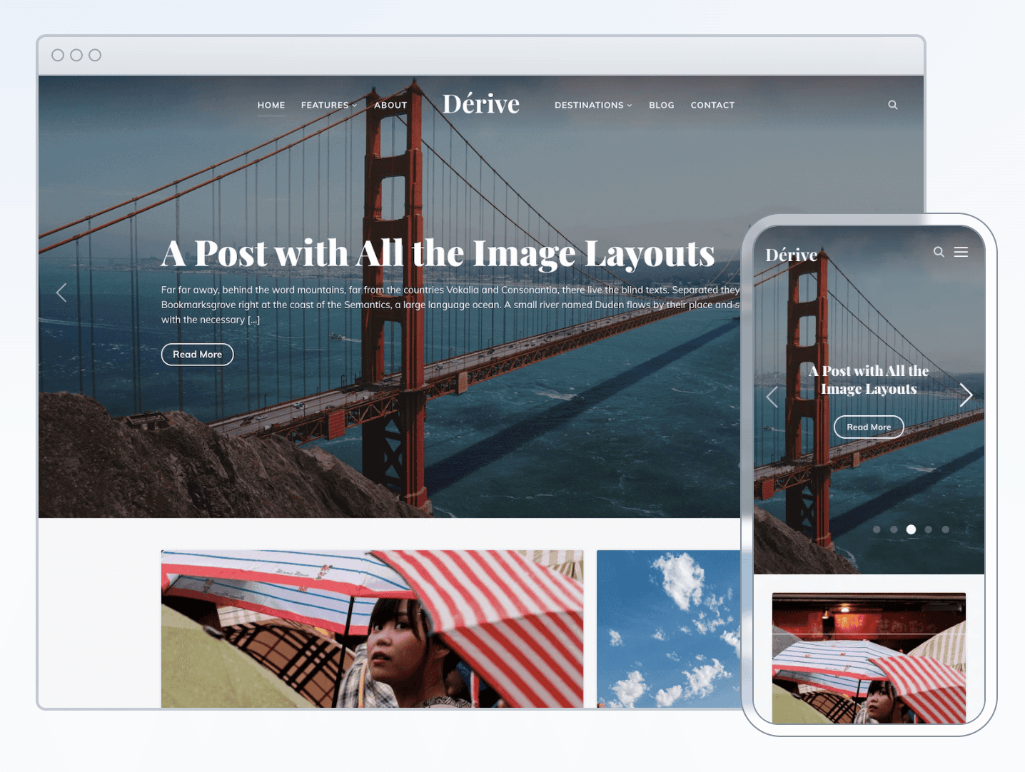 A website and smartphone screen display a travel blog homepage featuring the Golden Gate Bridge, blog post titles, navigation menu, and photo thumbnails.