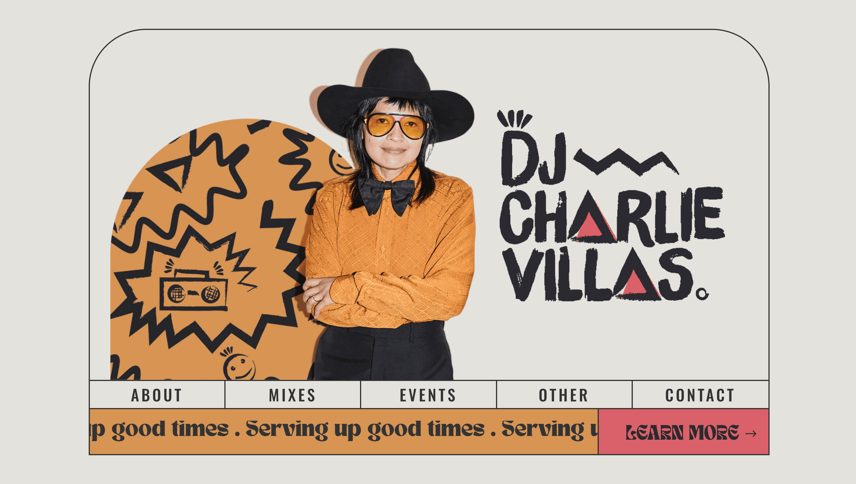 A person donning a hat, sunglasses, and bow tie is beaming beside graphics and the text "DJ CHARLIE VILLAS," showcasing exceptional personal branding. Website menu items are neatly displayed below, hinting at a fresh 2025 WordPress theme design.