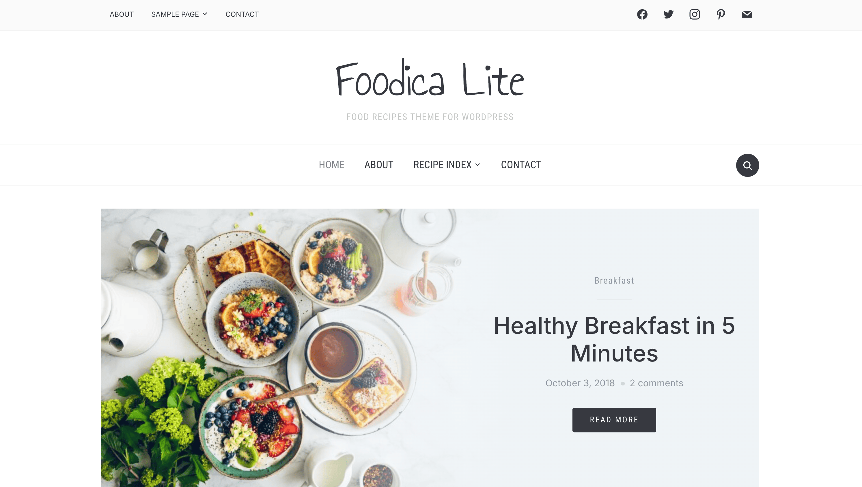 Webpage of "Foodica Lite" theme features a breakfast recipe article. Image shows various breakfast dishes with a "Read More" button below.