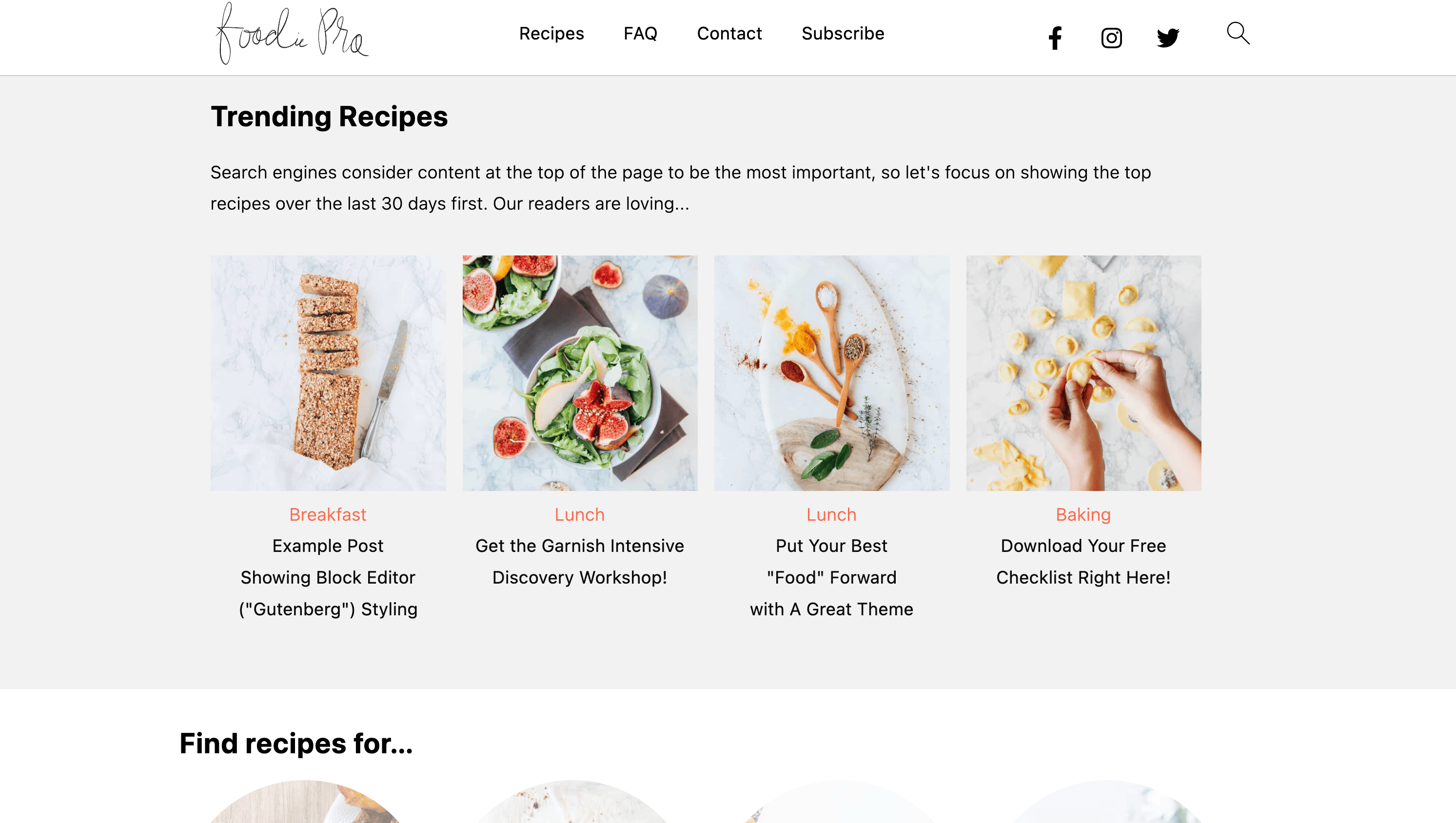 Website showing four trending recipes: breakfast with food slices, lunch with leafy salads, another lunch with a bowl, and baking with hands shaping dough.