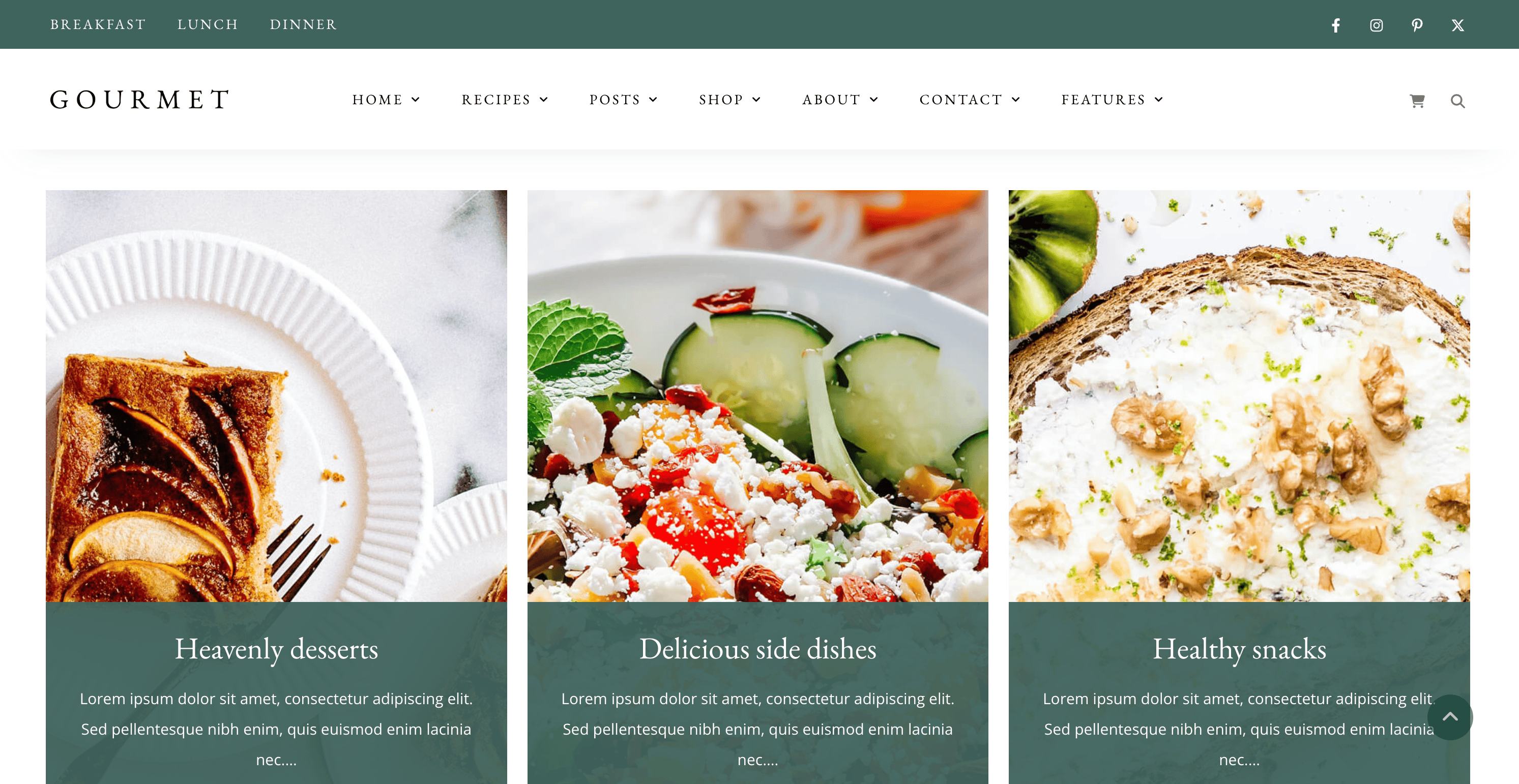 Website layout showing three food categories: "Heavenly desserts" with pastries image, "Delicious side dishes" with salad image, and "Healthy snacks" with bread and nuts image.