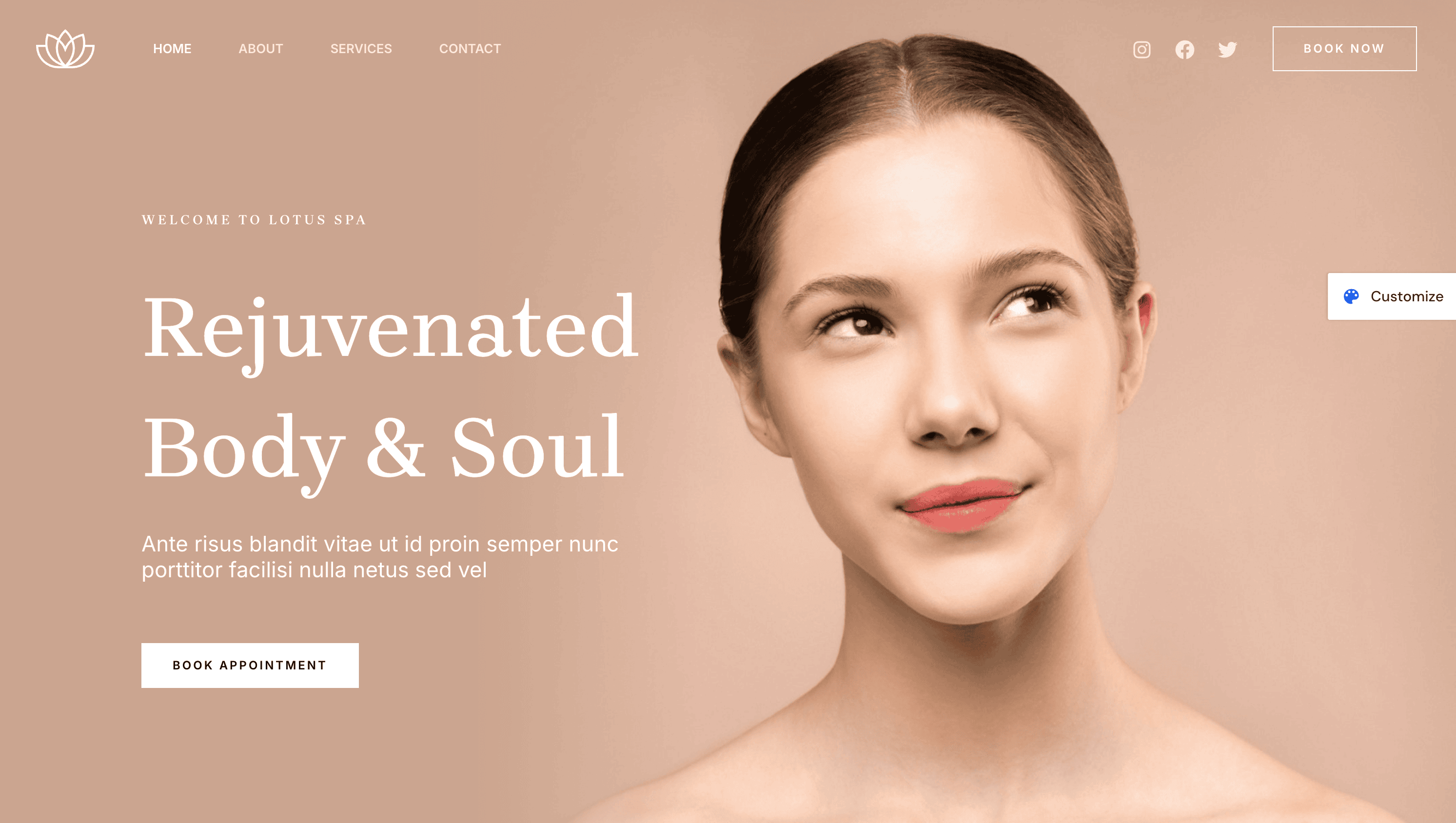 Homepage of a spa website featuring a young woman with smooth skin, neutral background, large “Rejuvenated Body & Soul” headline, navigation menu, and buttons to book an appointment.