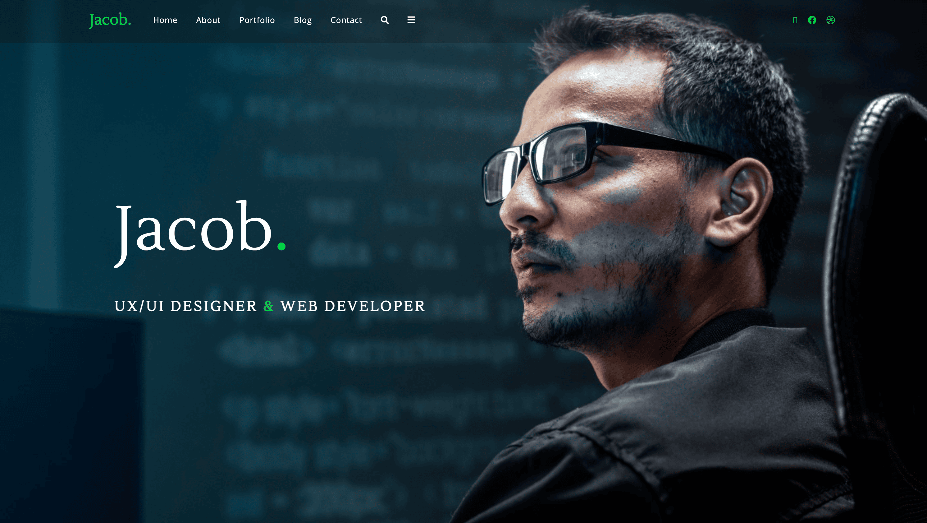 In a dimly lit room, a man with glasses intently studies the screen. The text reads: "Jacob, UX/UI Designer & Web Developer," showcasing his expertise in WordPress Themes. Above, a sleek navigation menu reinforces his strong personal branding.
