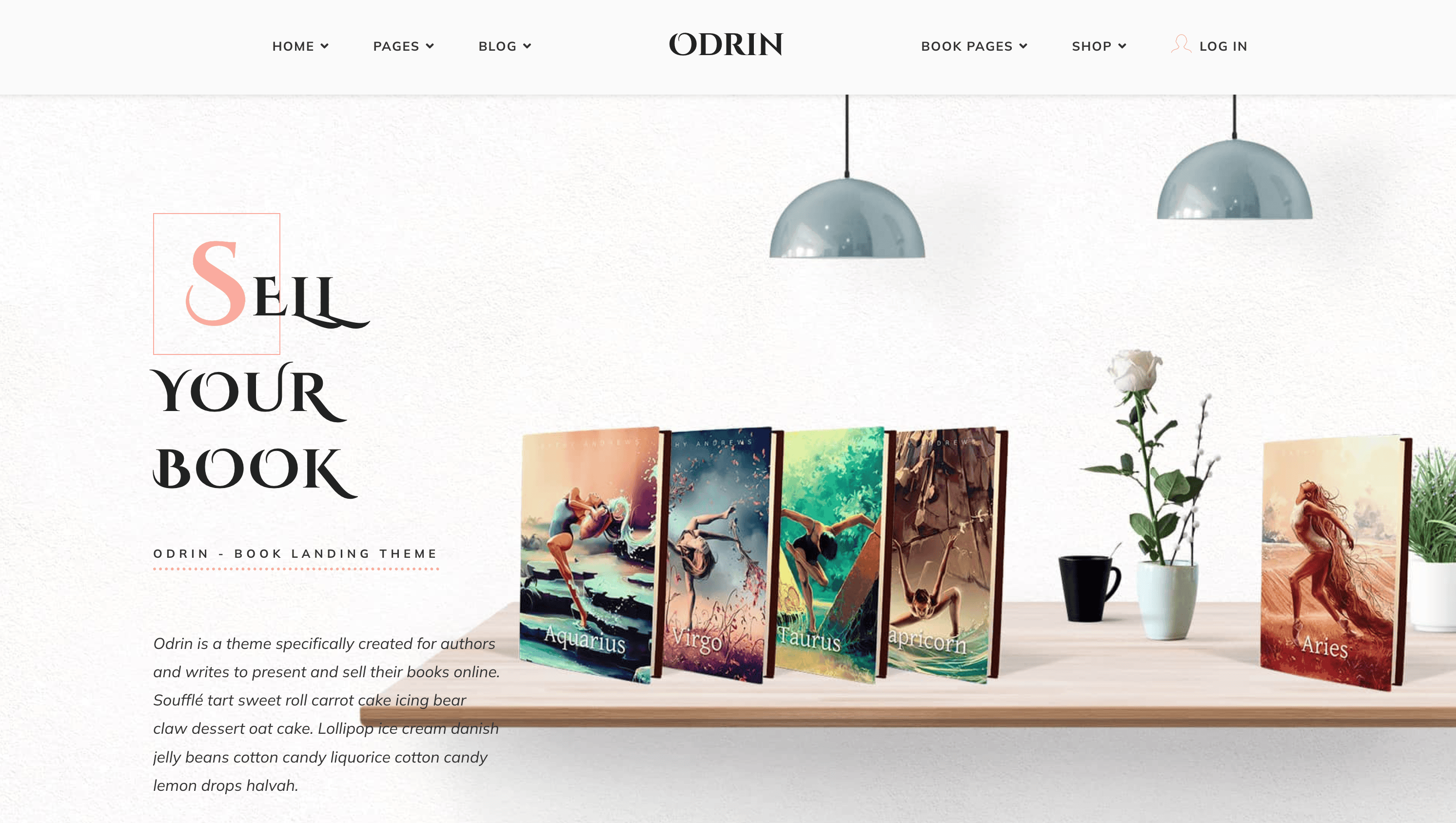 A website homepage displaying a book landing theme. It features four fantasy book covers on a wooden shelf, a white rose in a vase, and a hanging lamp.