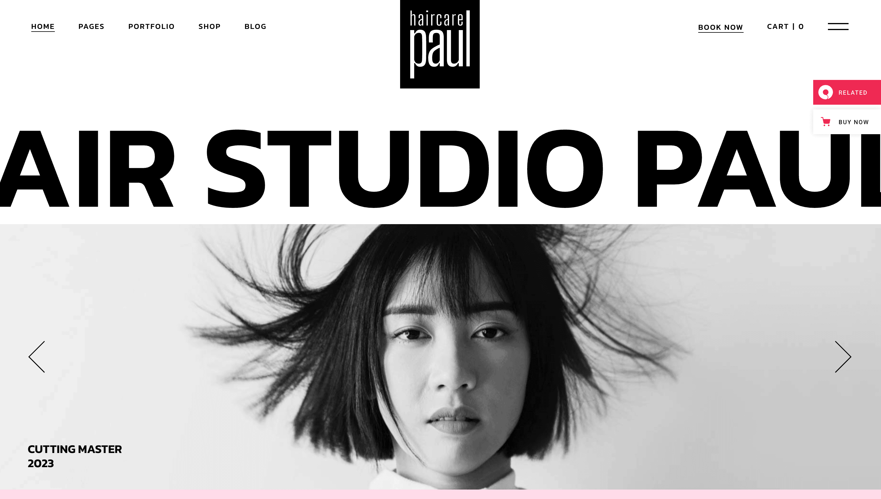 Black-and-white photo of a woman with chin-length hair, front and center, on a minimalist hair studio website with bold text reading "HAIR STUDIO PAUL.