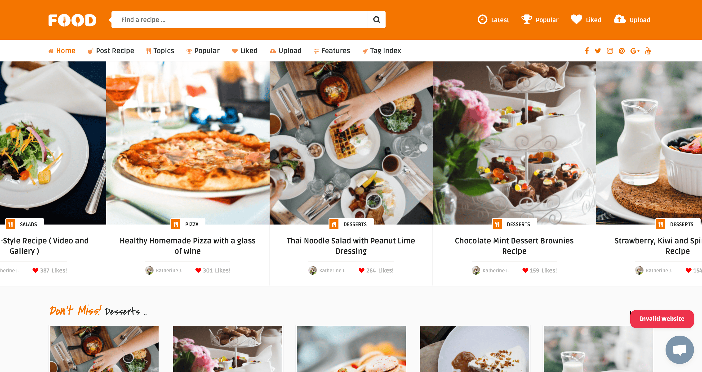 A website page displaying various food recipes with images, including pizza, noodle salad, brownies, and strawberry salad, alongside their user ratings and comment counts.