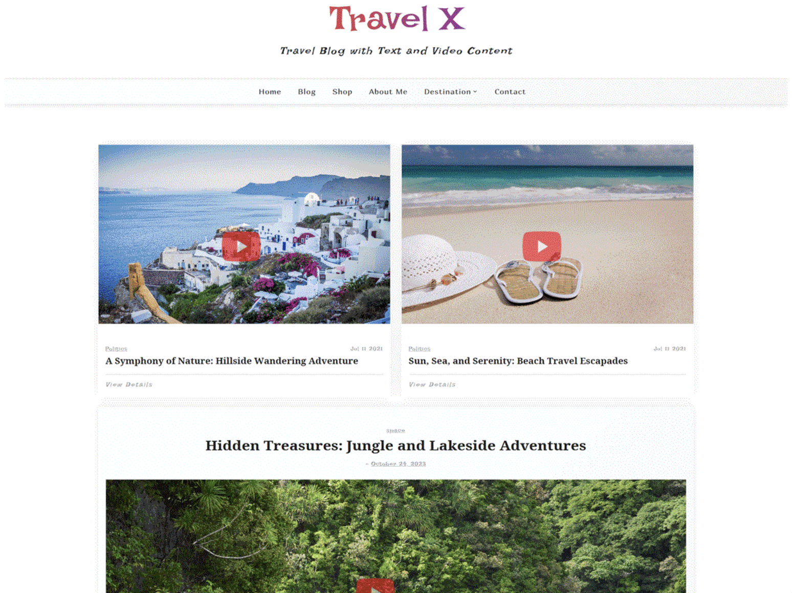 Screenshot of a travel blog homepage featuring posts with images of a seaside village, a beach scene, and a jungle path, each with play buttons indicating video content.