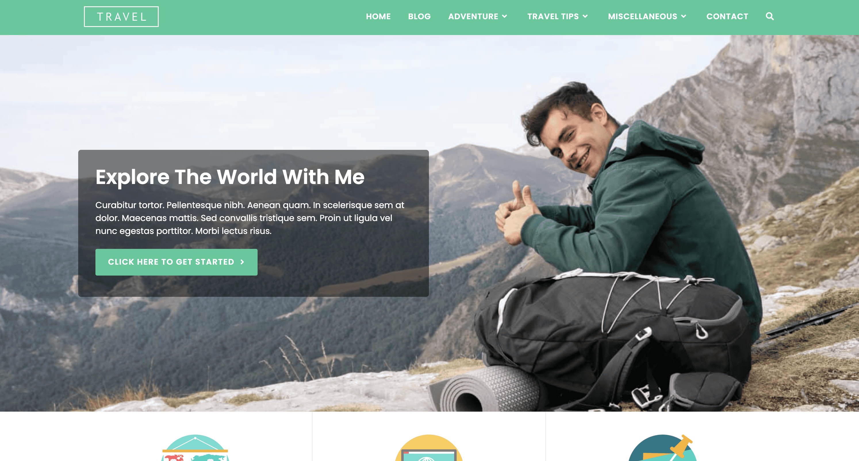 A man sits on a mountain ledge next to a hiking backpack and gear, smiling at the camera. Website navigation and a call-to-action overlay are visible.