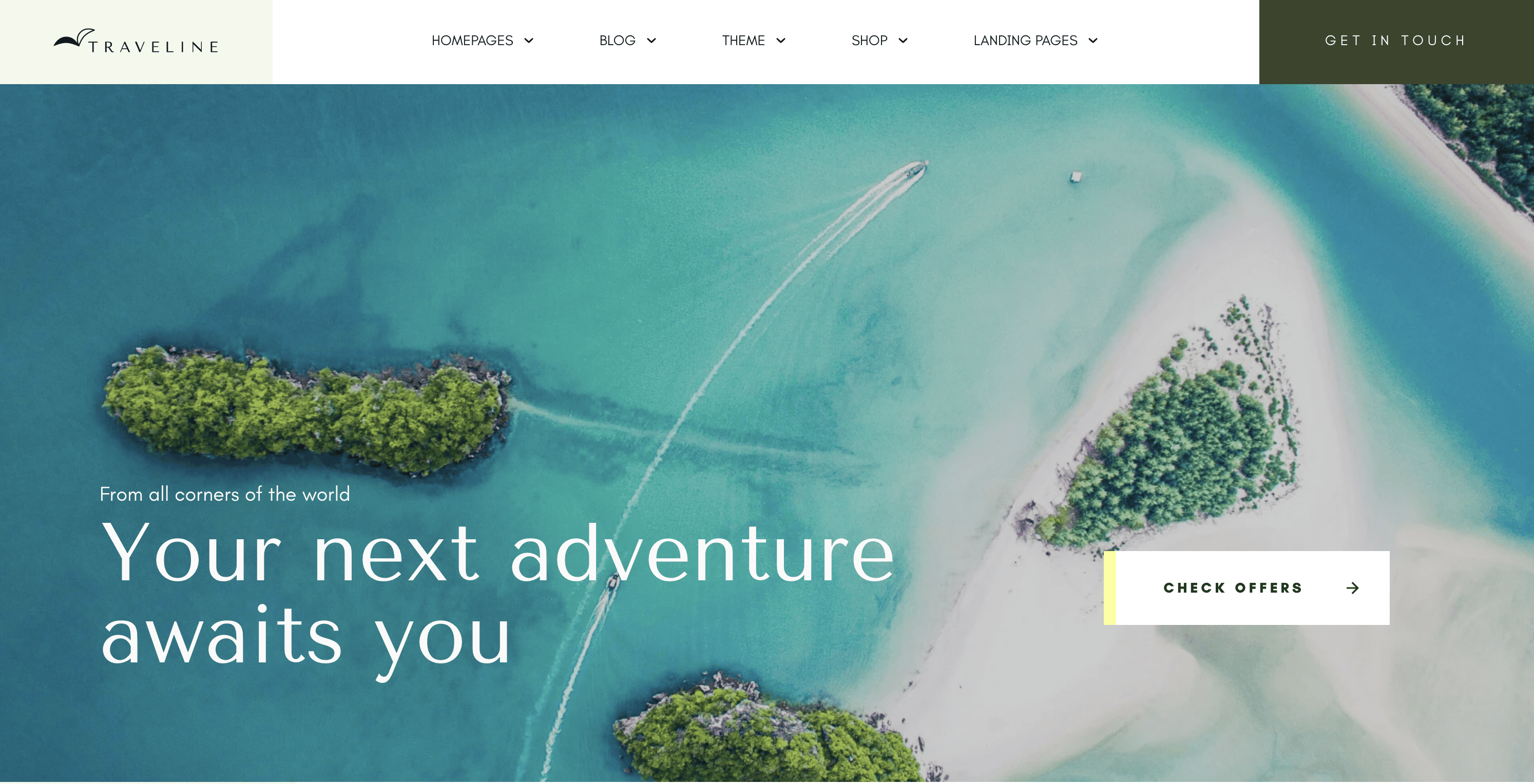 Aerial view of turquoise water, small green islands, and a boat leaving a white trail; text overlay says "Your next adventure awaits you.
