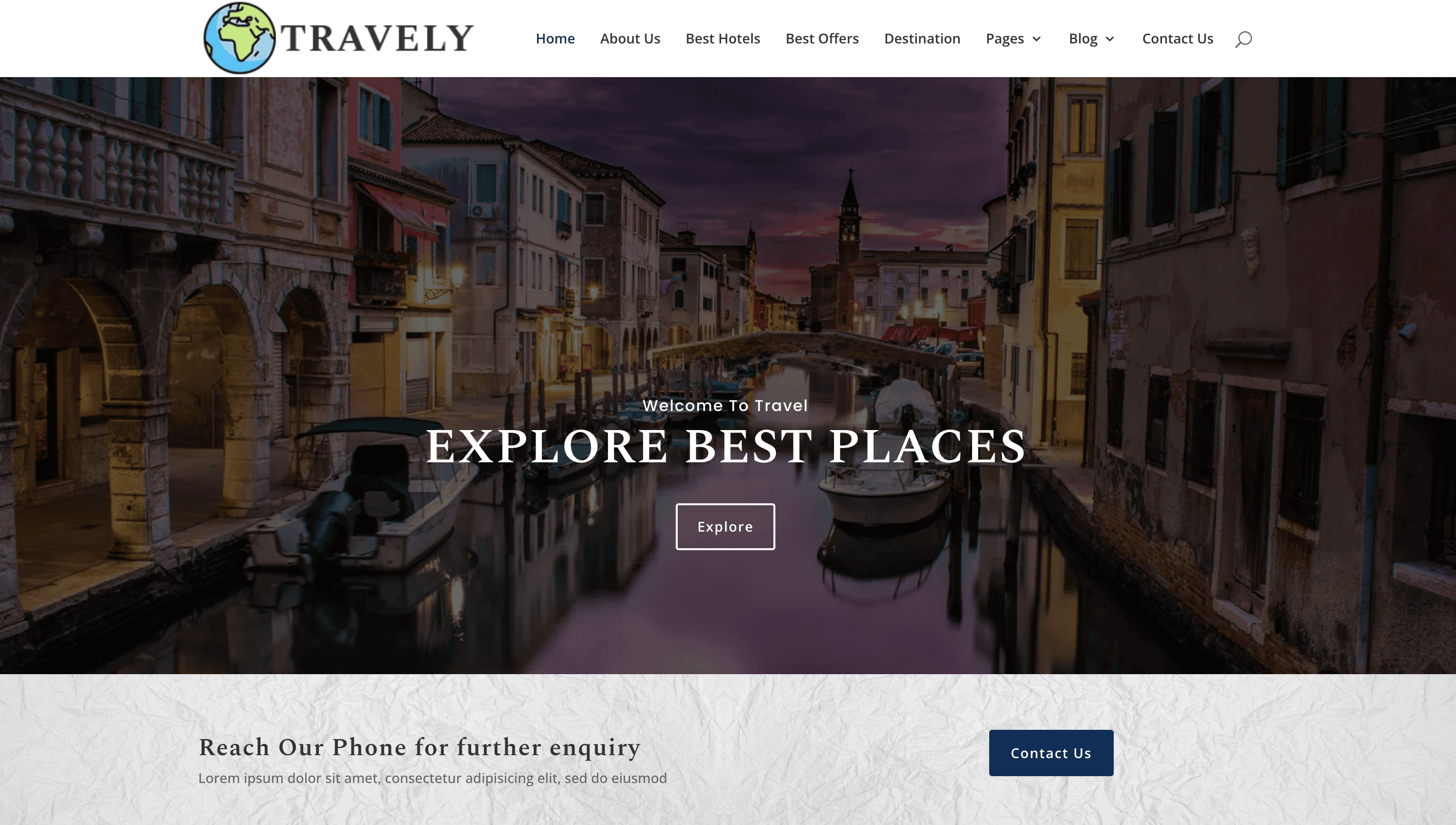 A travel website homepage with a scenic canal image, navigation menu, "Explore Best Places" headline, and contact section for inquiries.
