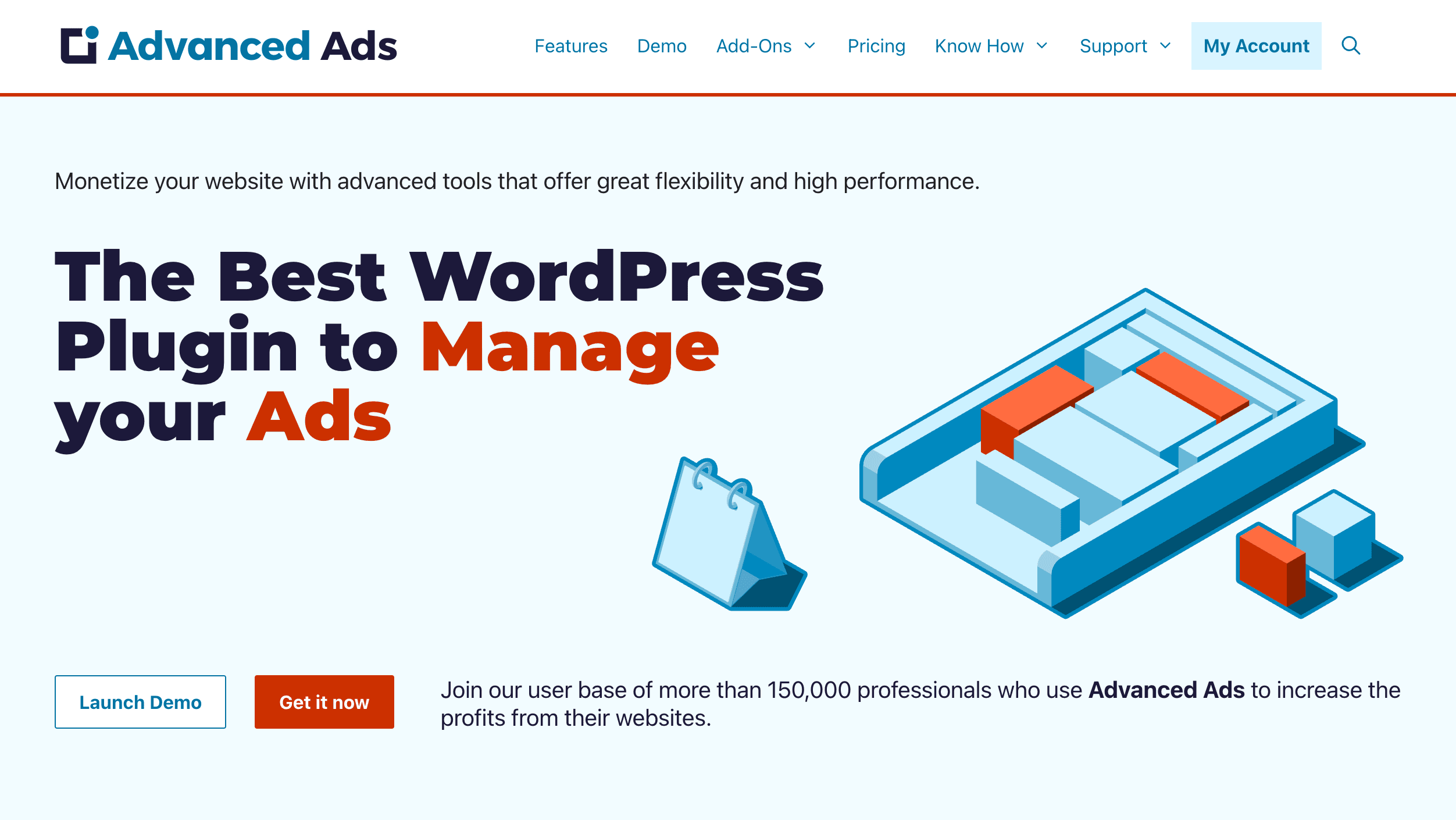 A website homepage for Advanced Ads promoting their WordPress plugin to manage ads, highlighting key features and a call to action to launch a demo or join their user base.