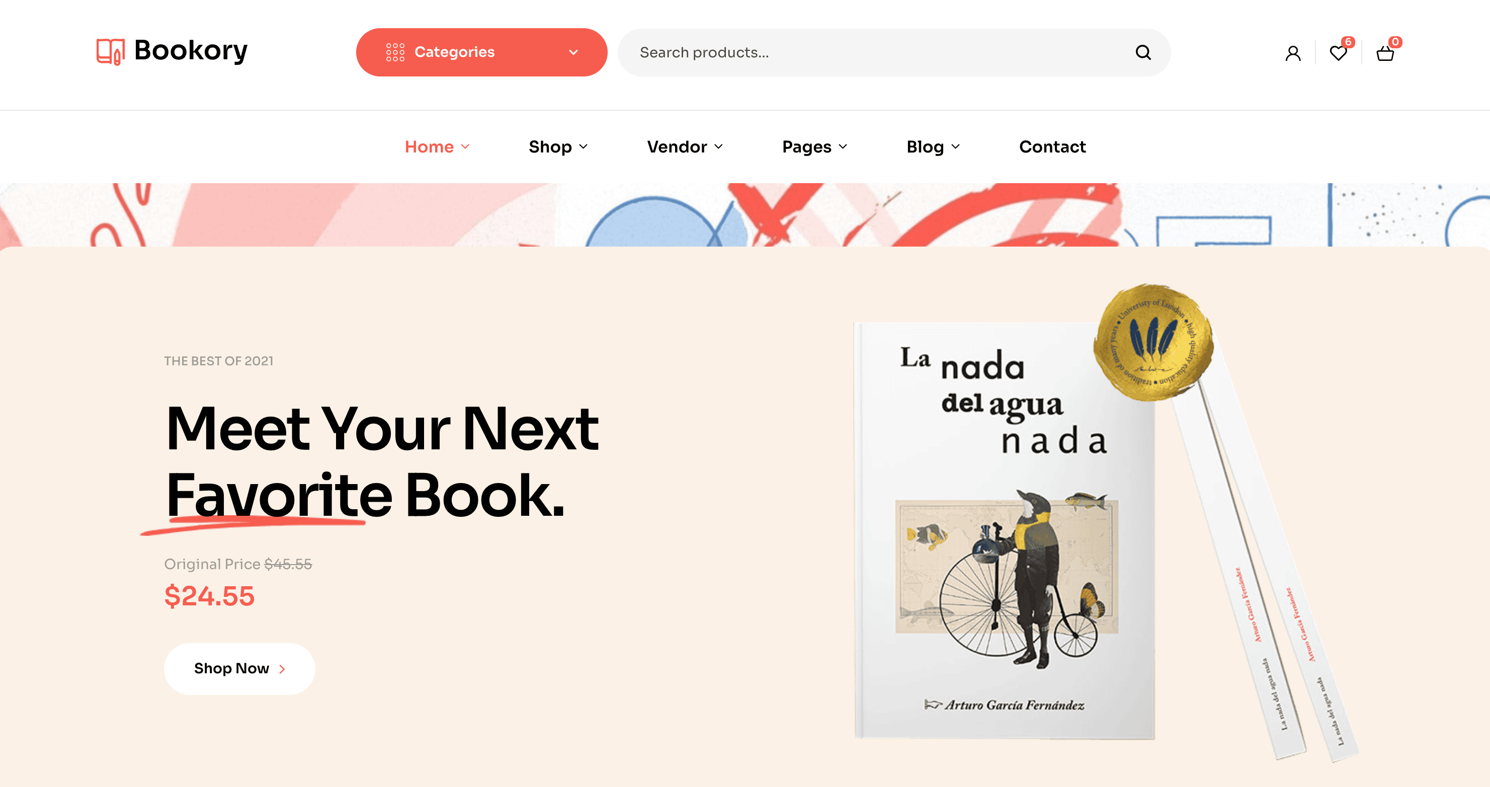 Bookory homepage featuring a book titled "La nada del agua nada" by Arturo Gámez Fernández with a $24.55 price. Prominent "Shop Now" button and categories navigation bar above.