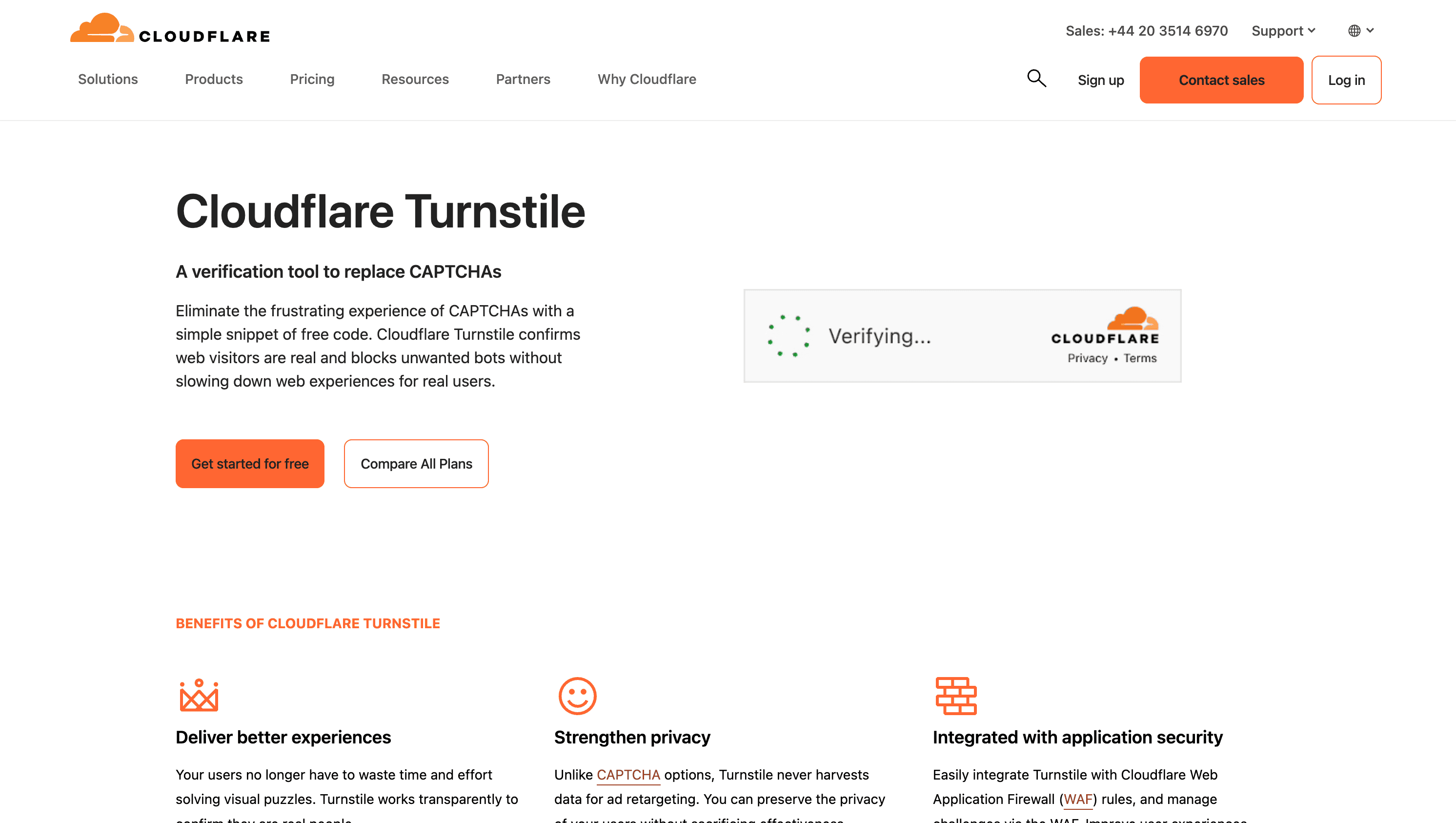 Screenshot of the Cloudflare Turnstile webpage, featuring a headline, description, call-to-action buttons, a verifying widget, and a section outlining security benefits for WordPress users over traditional CAPTCHA plugins.