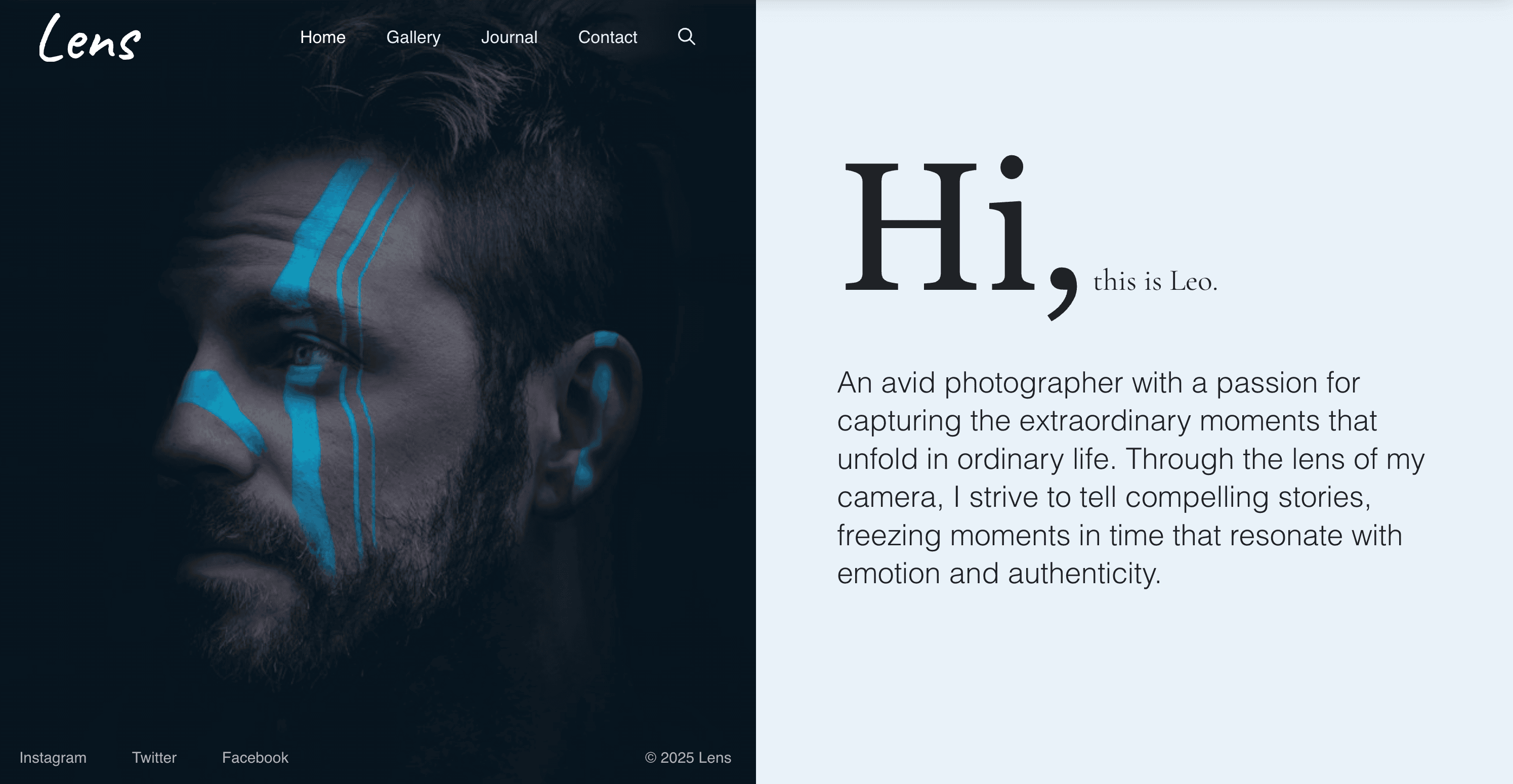 Introducing Leo, a passionate photographer renowned for his personal branding and talent in capturing compelling stories. This portrait of a bearded person with blue face paint showcases Leo's dedication to finding the extraordinary in ordinary life, perfectly suited for future 2025 WordPress themes.