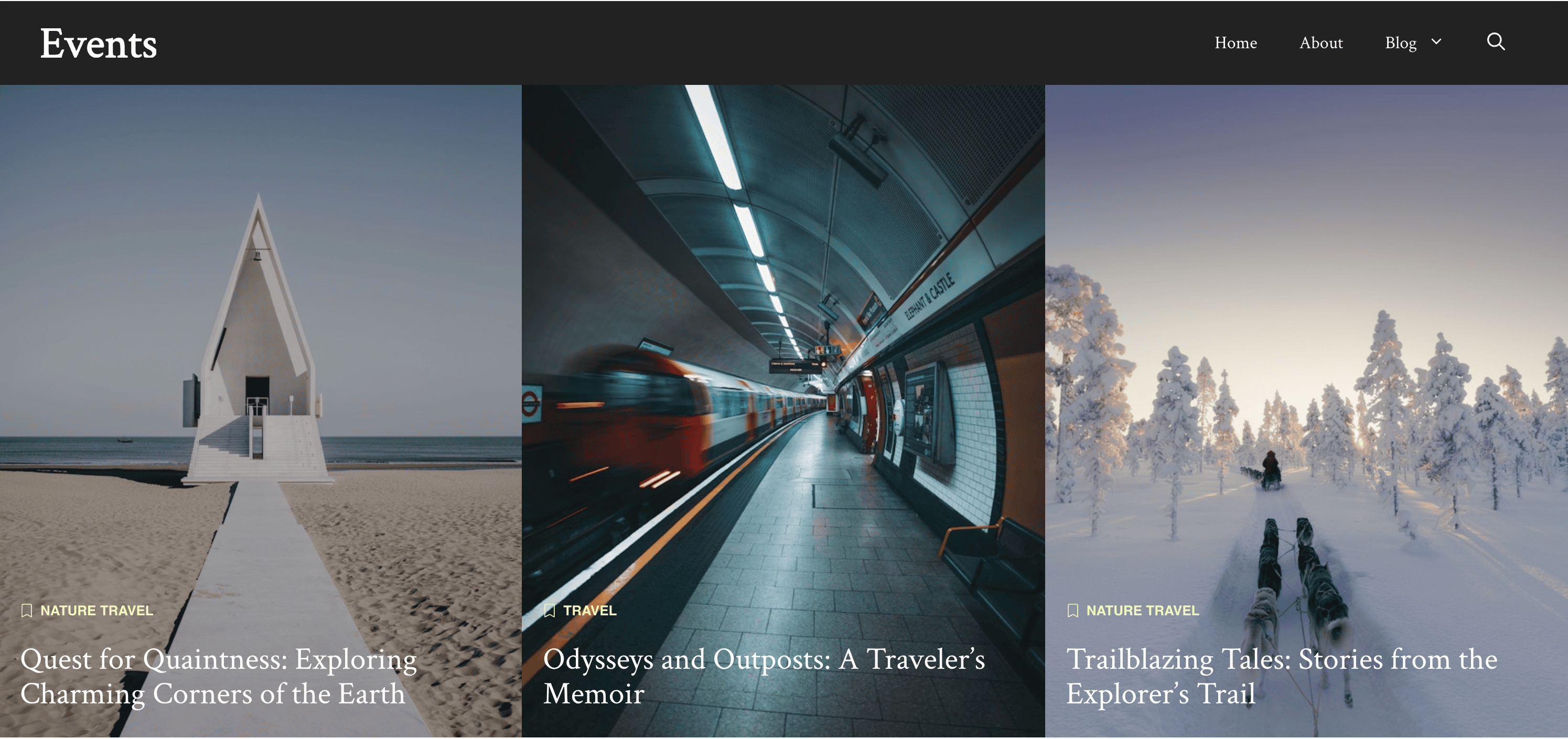 Three event blog post previews: a modern white structure on a beach, a blurred subway train in motion, and skiers on a snowy trail through a forest under a blue sky.
