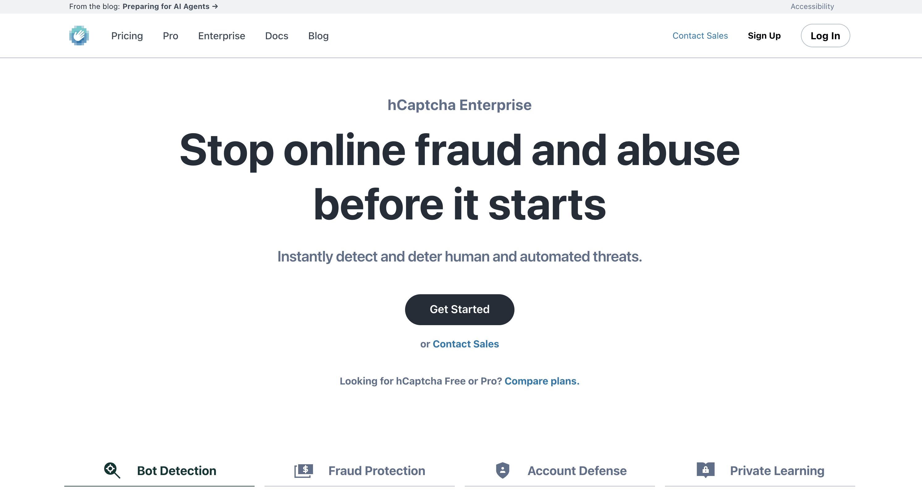 Screenshot of the hCaptcha Enterprise webpage featuring the headline "Stop online fraud and abuse before it starts" with options to get started, contact sales, and navigation links at the top and bottom.