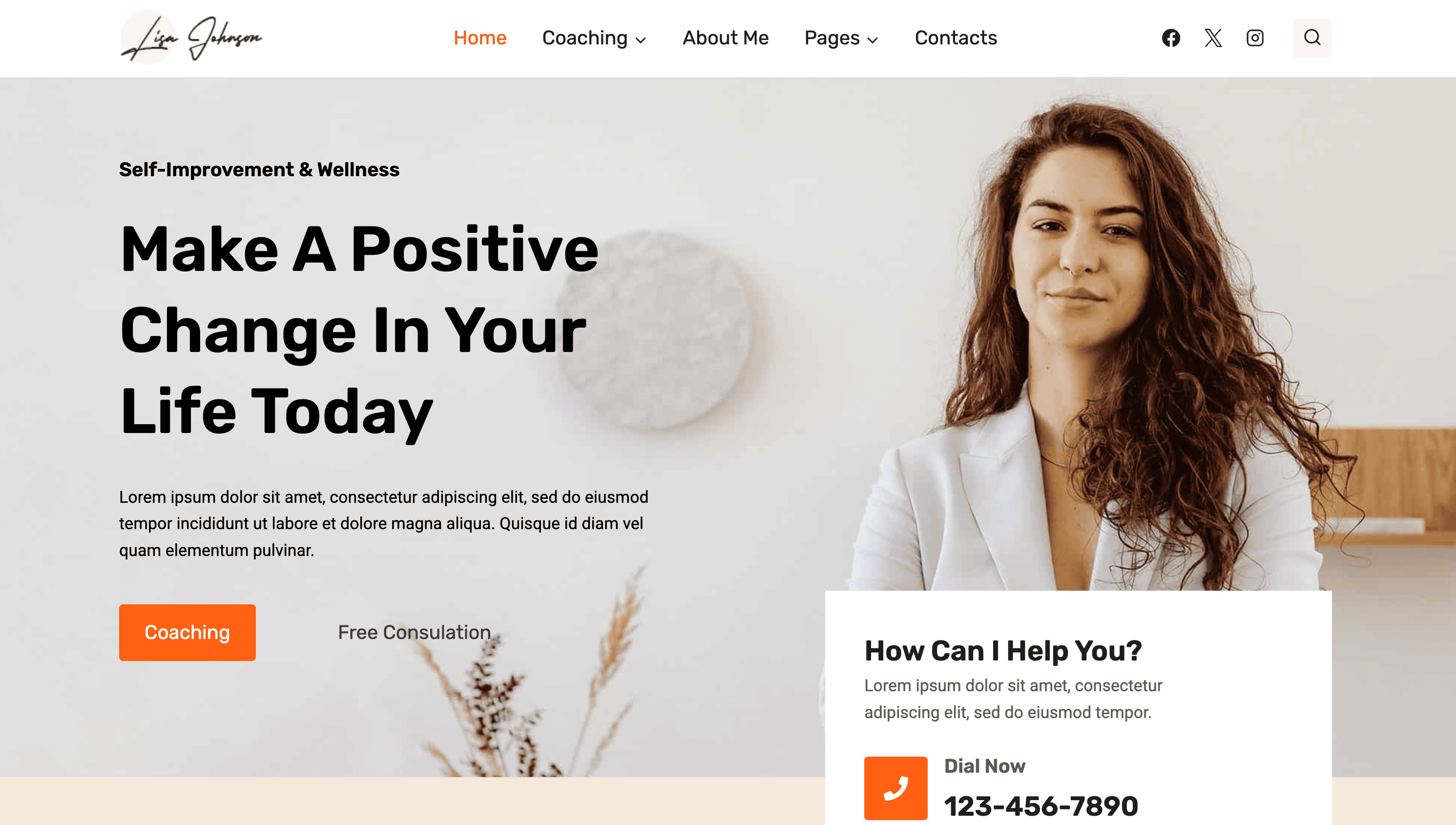 The website homepage boasts a self-improvement and wellness theme, enriched with WordPress Themes for a sleek finish. It features contact options, a call to action for coaching and free consultations, and spotlights a smiling person on the right, enhancing your personal branding journey.
