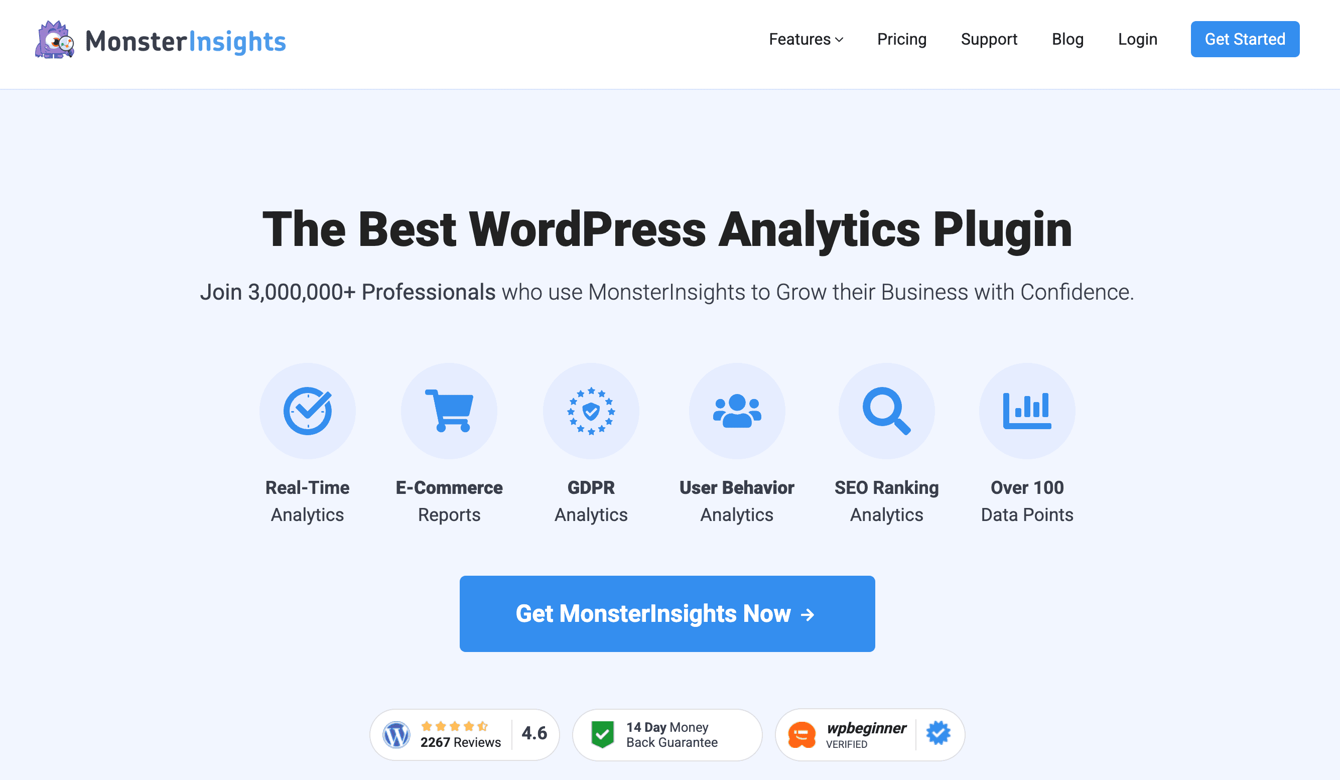 Screenshot of the MonsterInsights website promoting its WordPress analytics plugin, highlighting features like real-time analytics, e-commerce reports, GDPR compliance, and a "Get MonsterInsights Now" button.