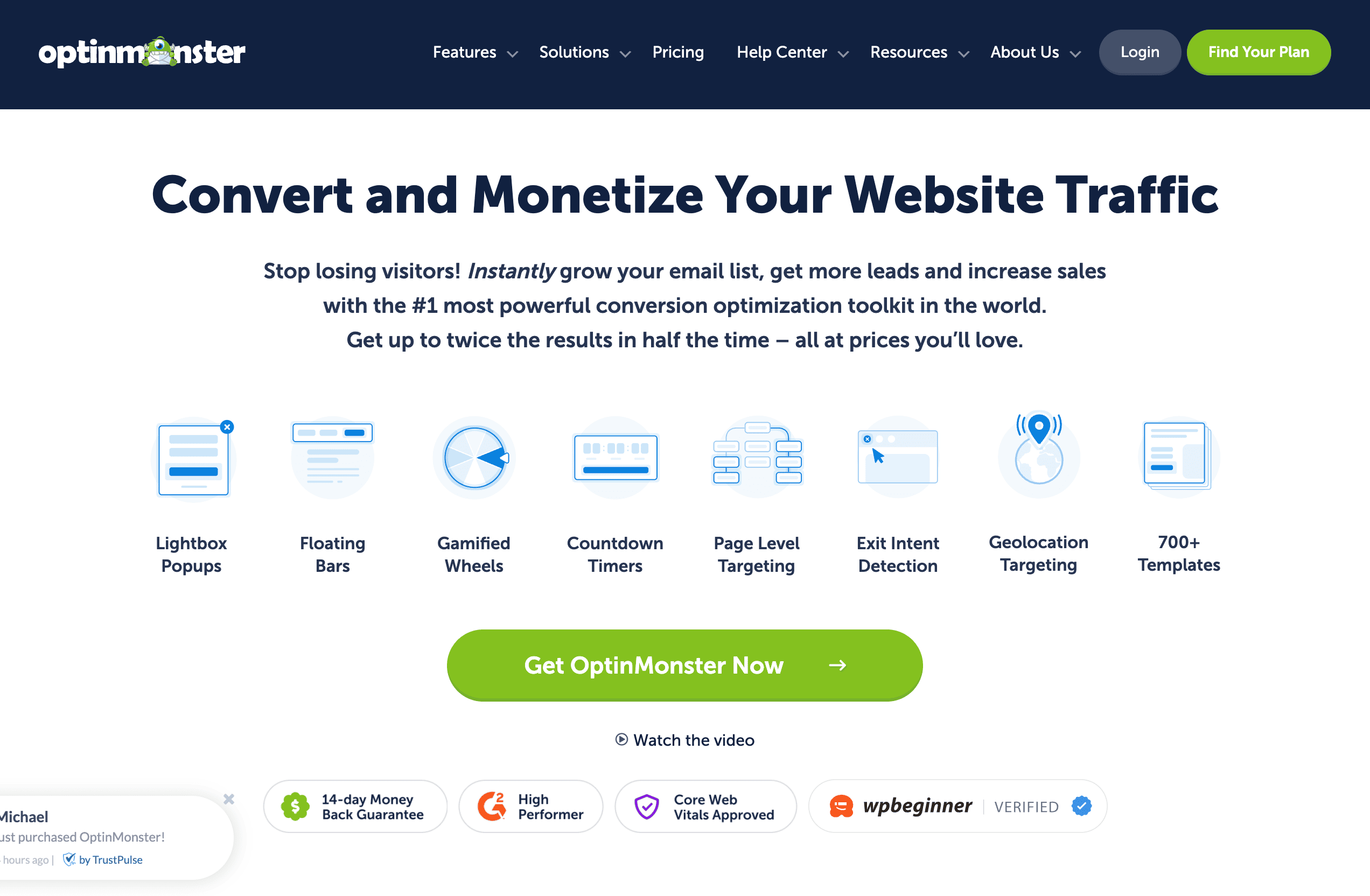 Screenshot of OptinMonster's homepage, highlighting features like popups, gamified wheels, targeting tools, and a "Get OptinMonster Now" call-to-action button.
