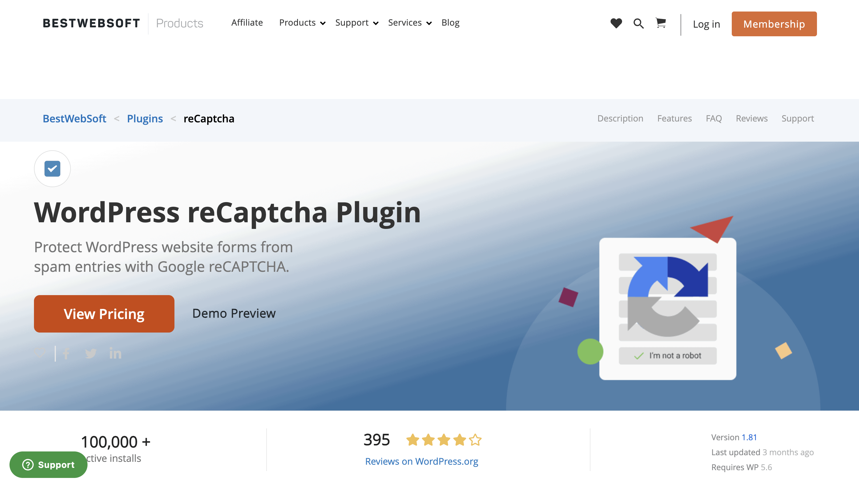 Screenshot of the BestWebSoft WordPress reCaptcha Plugin page, showing pricing options, a demo preview button, user ratings, and support information.