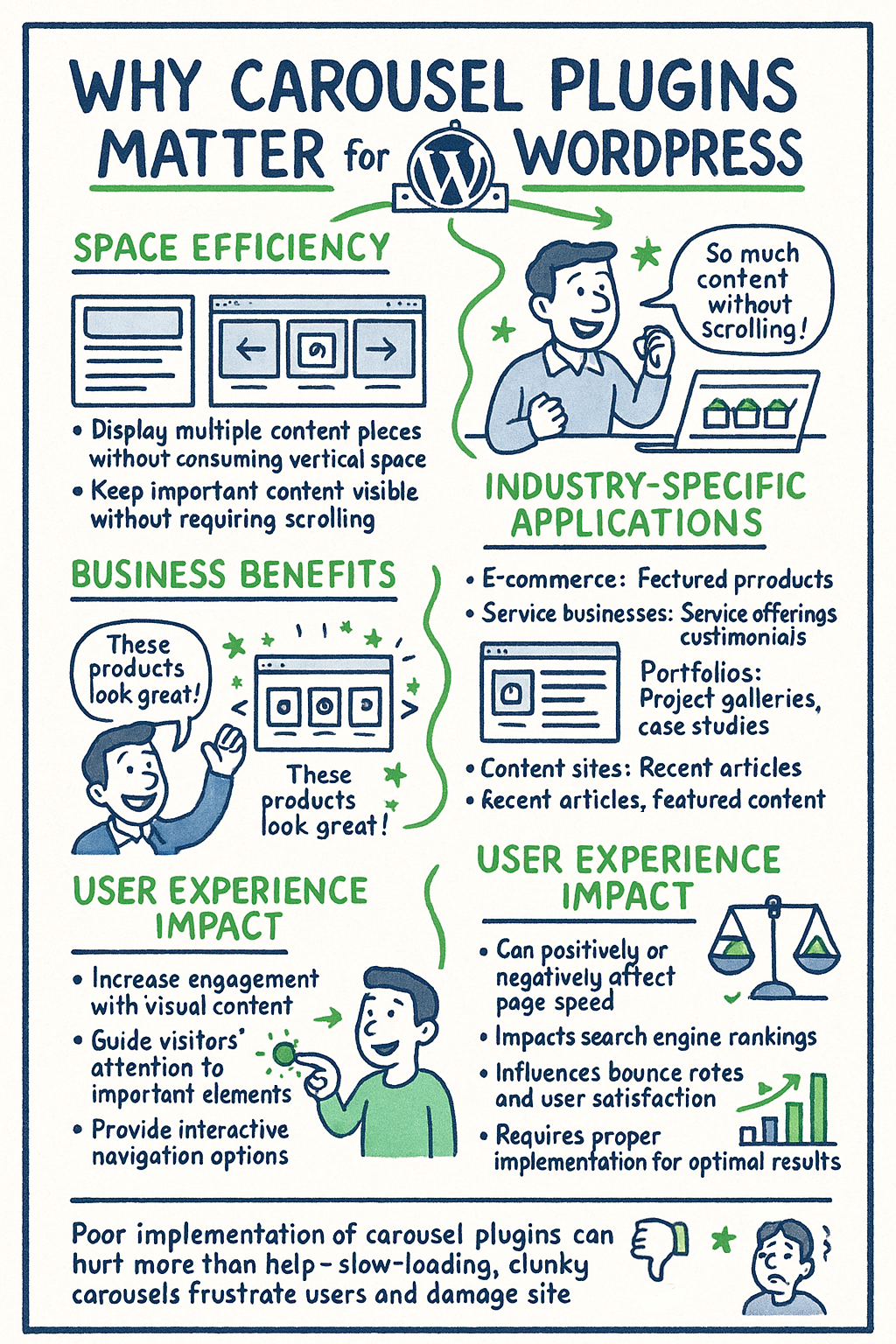 Infographic explaining the benefits of using carousel plugins for WordPress, including space efficiency, business benefits, industry applications, and user experience impact.