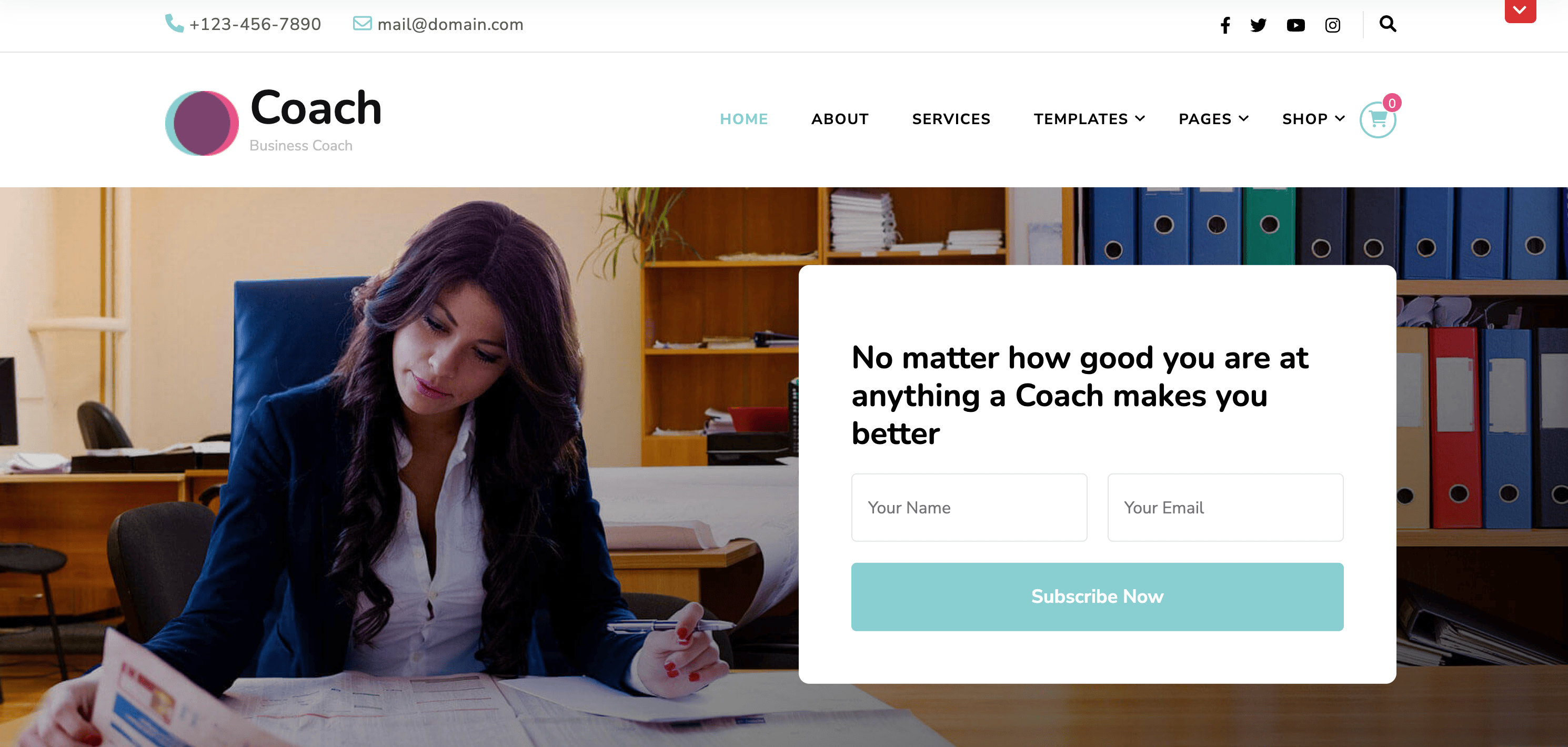 Business coach website with a woman writing at a desk. A subscription form on the right says, "No matter how good you are at anything a Coach makes you better.