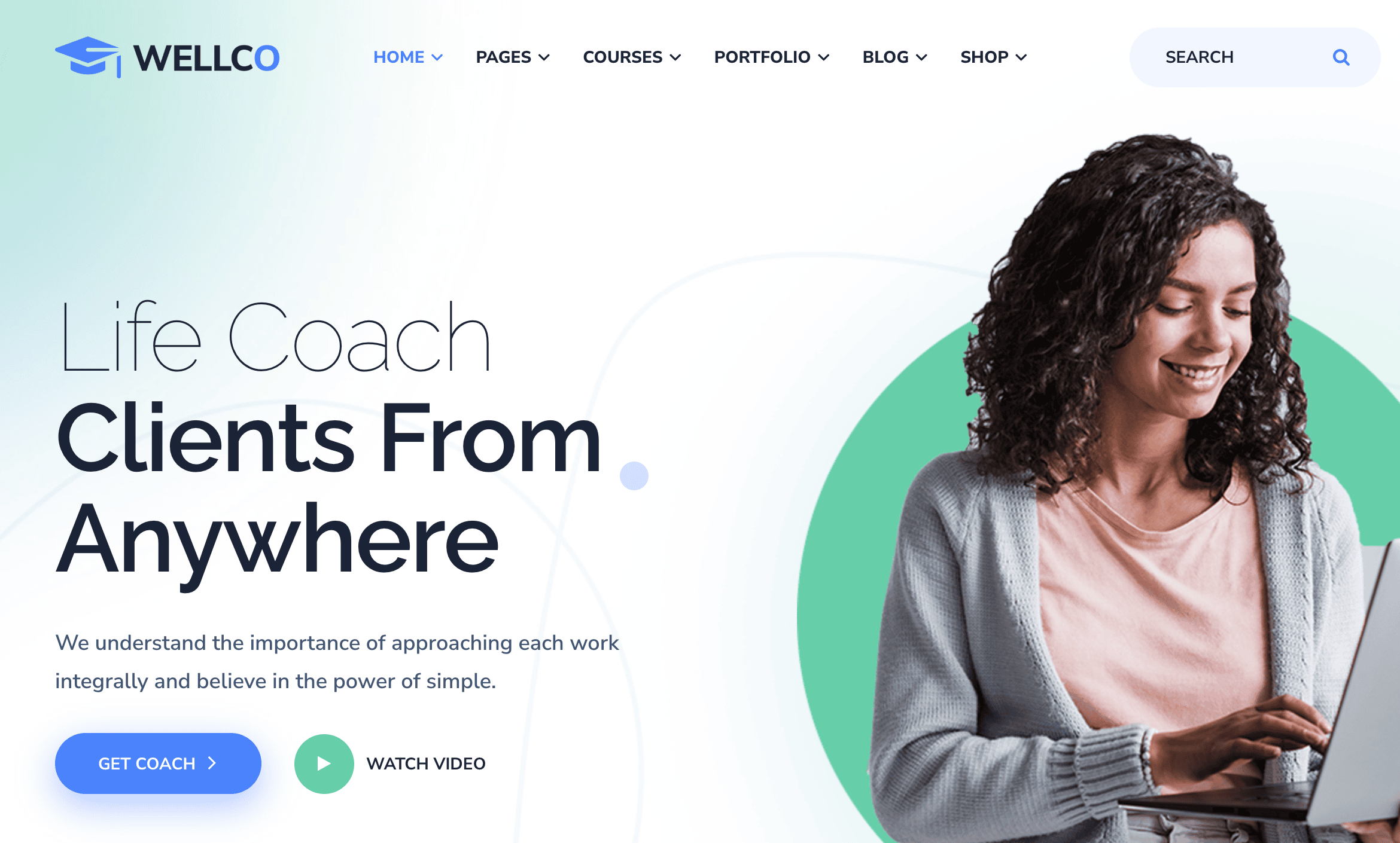 Woman with curly hair smiles while using a laptop on a website promoting life coaching services. Text reads: "Life Coach Clients From Anywhere." Options to get a coach or watch video.