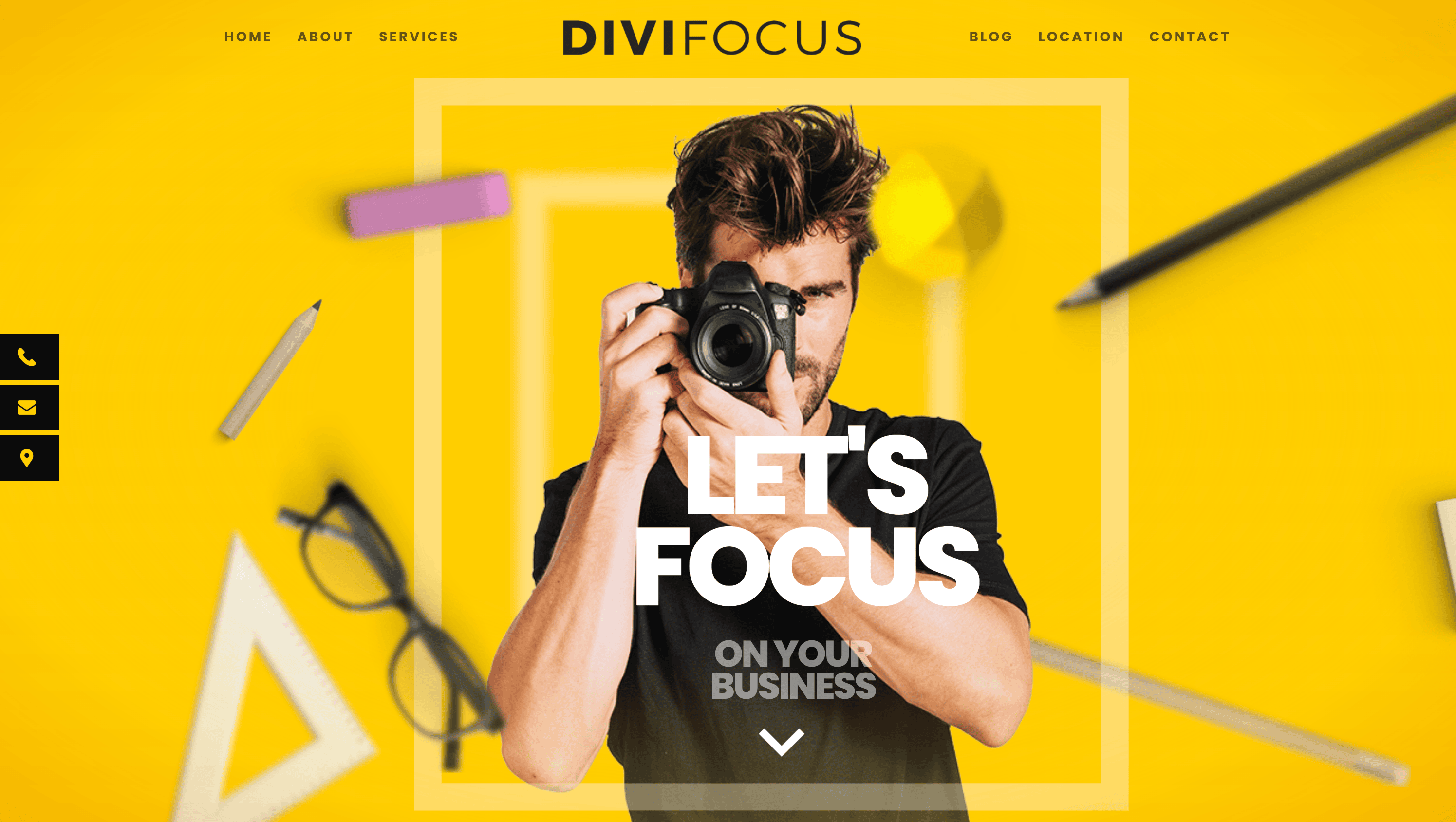 Person holding a camera in front of their face on a yellow background with floating stationery items. Text reads: "Let's Focus On Your Business.