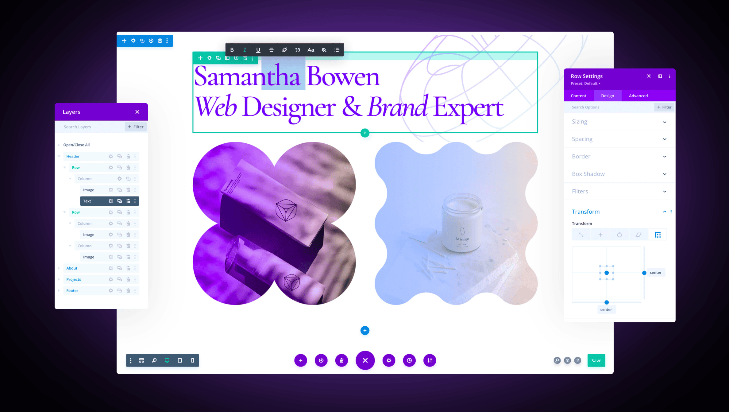 Web design interface showcasing work samples, a tube, and a cream jar, with the text "Samantha Bowen, Web Designer & Brand Expert" on a purple-themed background.