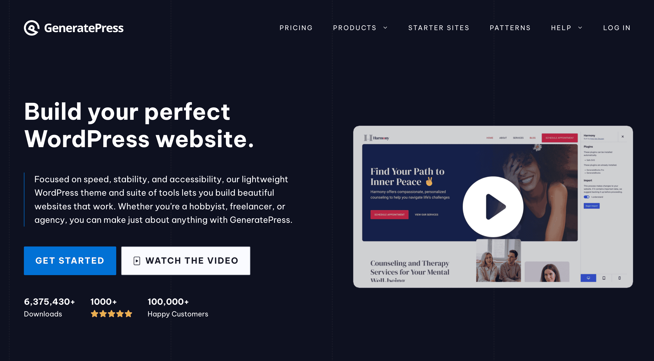 GeneratePress homepage showcasing a WordPress theme with a focus on speed, stability, and accessibility. Features include a large header, sample website preview, and buttons for "Get Started" and "Watch the Video.