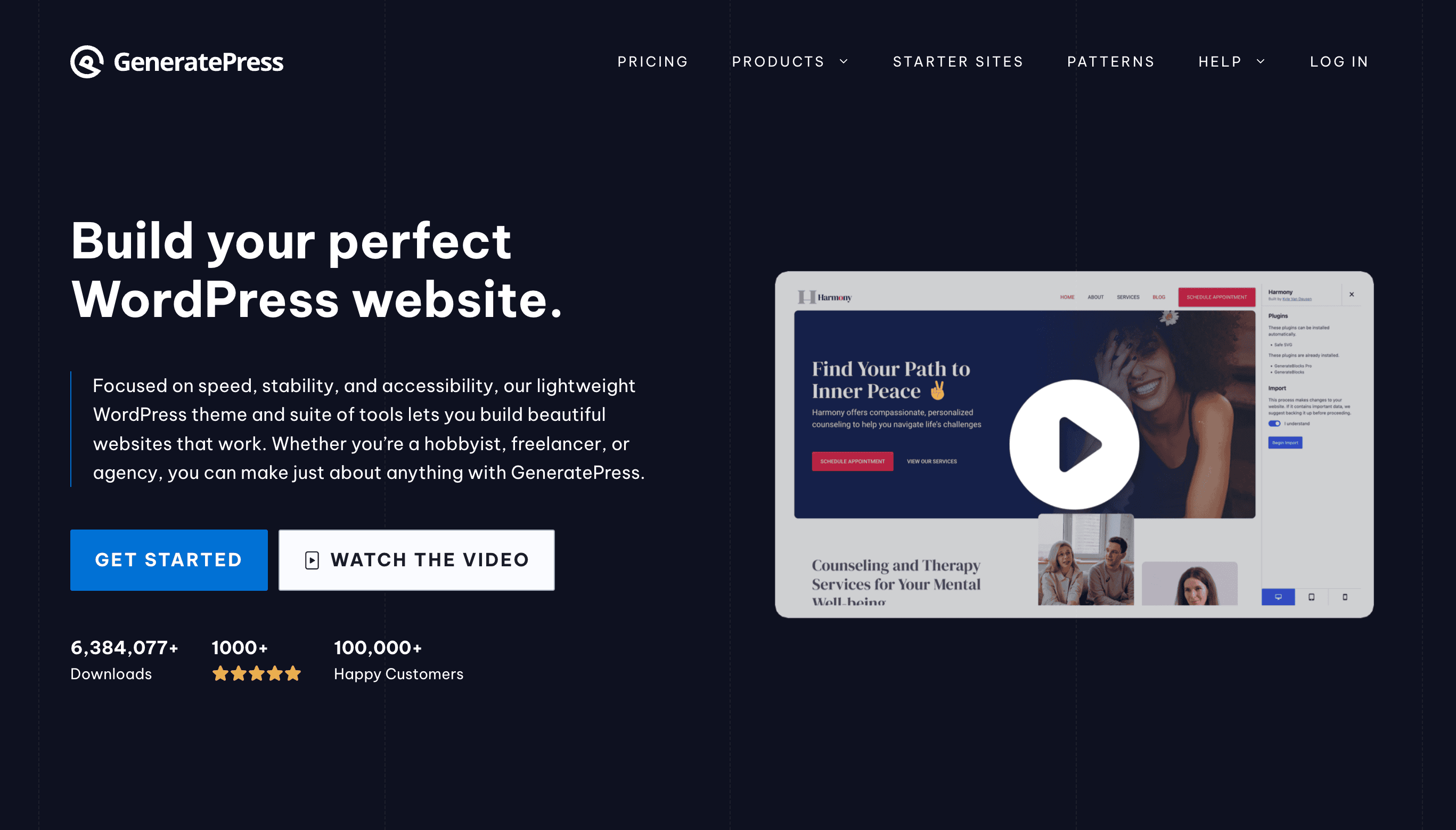 GeneratePress website homepage showing a call-to-action to build a WordPress website, with buttons to get started or watch a video, and site statistics at the bottom.